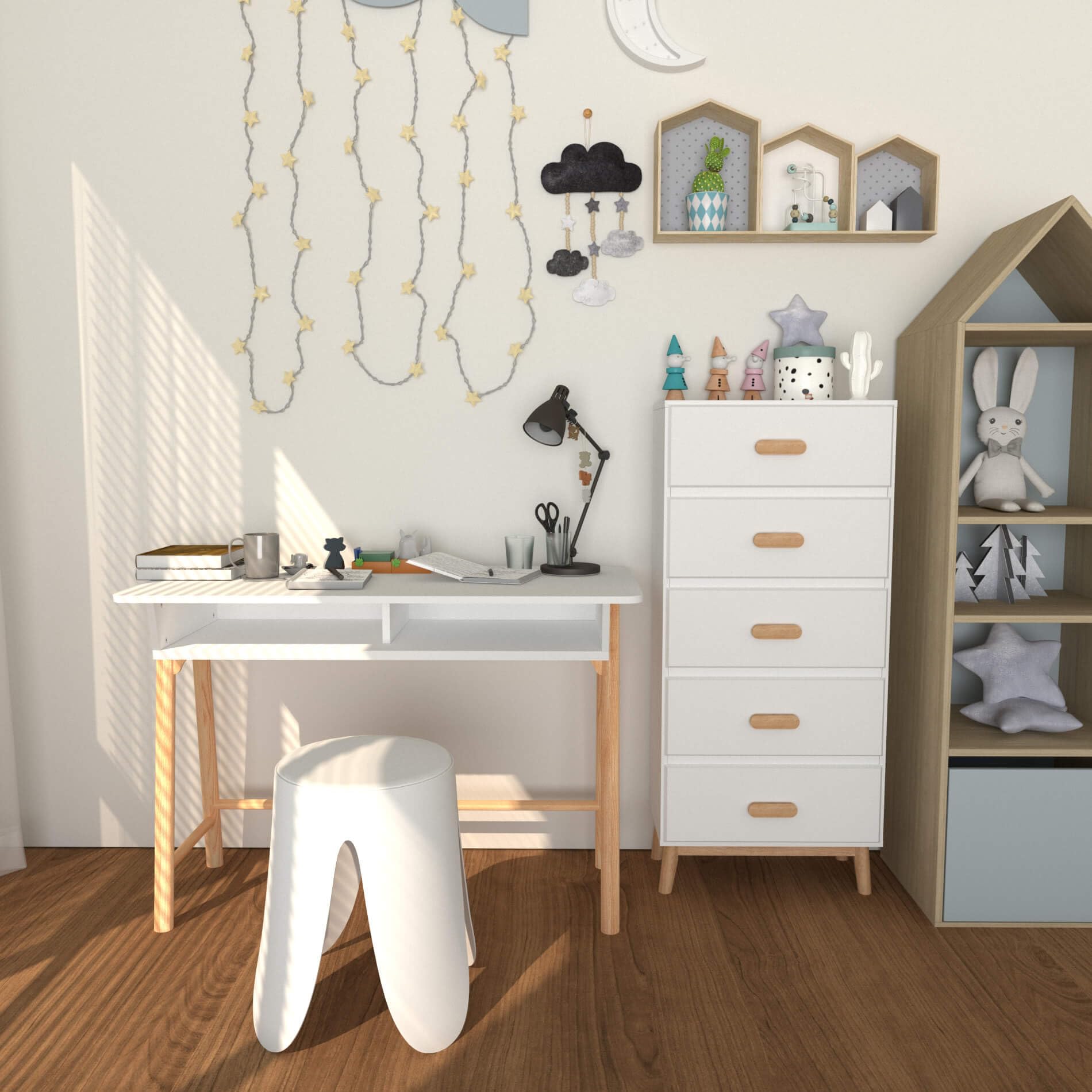 Rebecca Mobili Scrivania per Bambini, Tavolino Montessoriano, Bianco Marrone, MDF Pino, con Vano, Bordi Arrotondati - Misure HxLxP: 70 x 90 x 50 cm - Art. RE7134