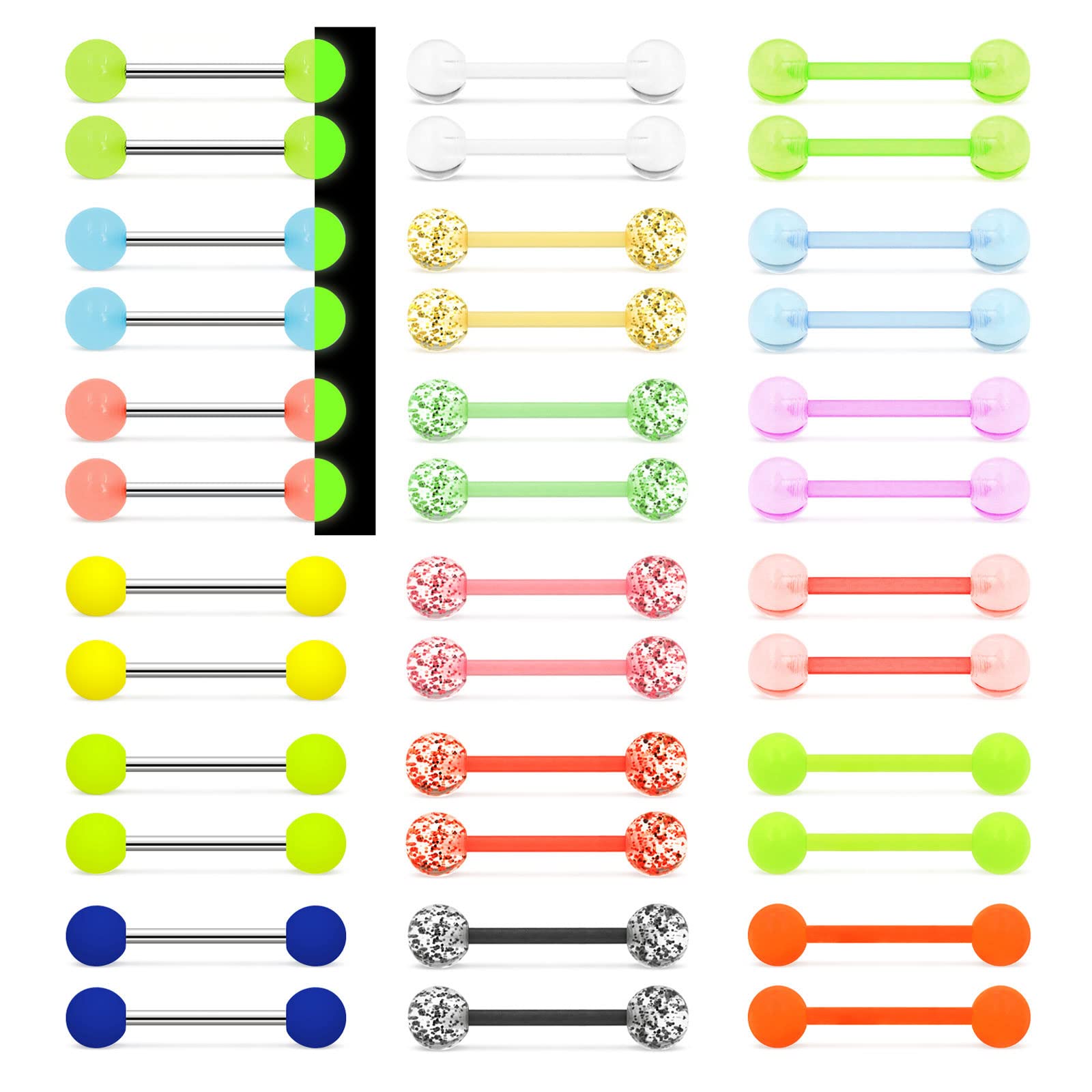MixPiercing36 Piezas Piercings Plásticos Lengua Pezón Barras de Silicona y Acero Quirúrgico Goma Neón Brillan en la Oscuridad Bolas Led 16mm 14G para Mujeres Hombres