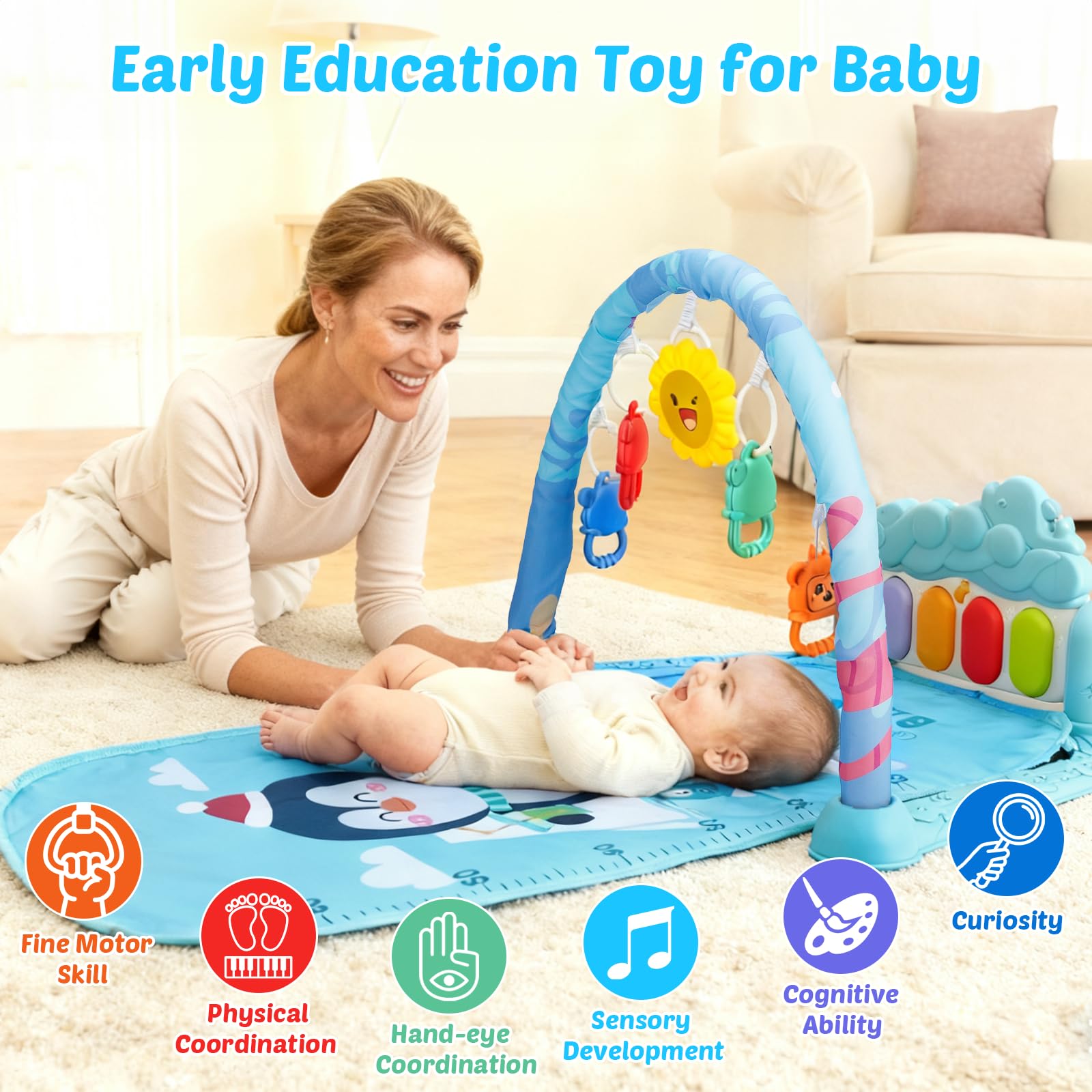 Vextronic Baby Play Gym Mat, Kick and Play Piano Gym with Music & Light, Baby Activity Mat, Piano Play Mat, Newborn Infant Tummy Time Gift for 0-3/6/9/12 Months