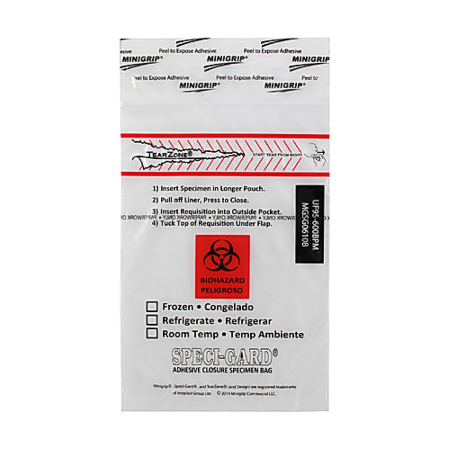 UF95-1517BIO Specimen Bag, Adhesive Closure, Biohazard, Clear (Case of 500)