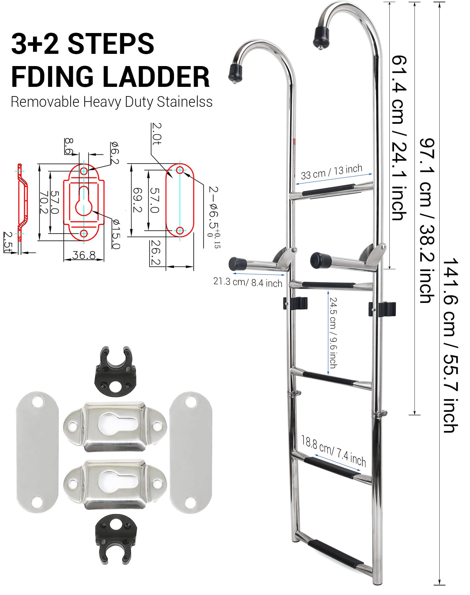 Escalera plegable de acero inoxidable de 5 escalones, escalera de barco resistente con escalones antideslizantes para pontón, muelle, piscina y RV