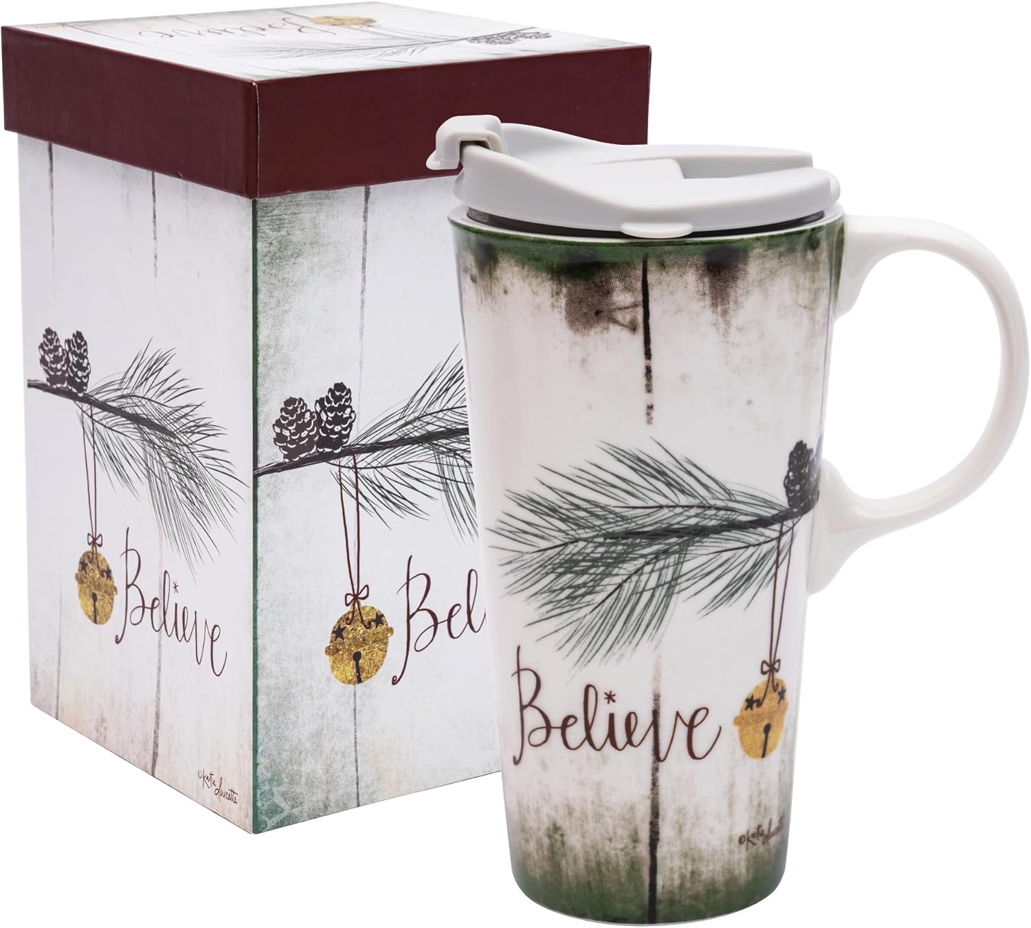 Topadorn Christmas Ceramic Mug Ceramic Travel Mug Porcelain Water Coffee Cup 17oz. with Gift Box and Tritan Lid for Holiday Party, Believe