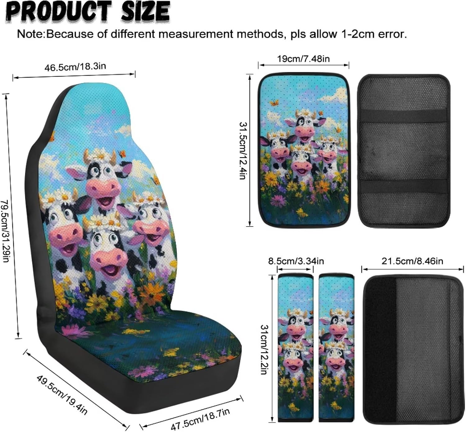 Cute Cows Floral Blue Sky Print Car Seat Cover Set of 5 Pieces Front Seat Covers with Matching Seat Belt and Center Console Covers PU Leather Fits Most Vehicles
