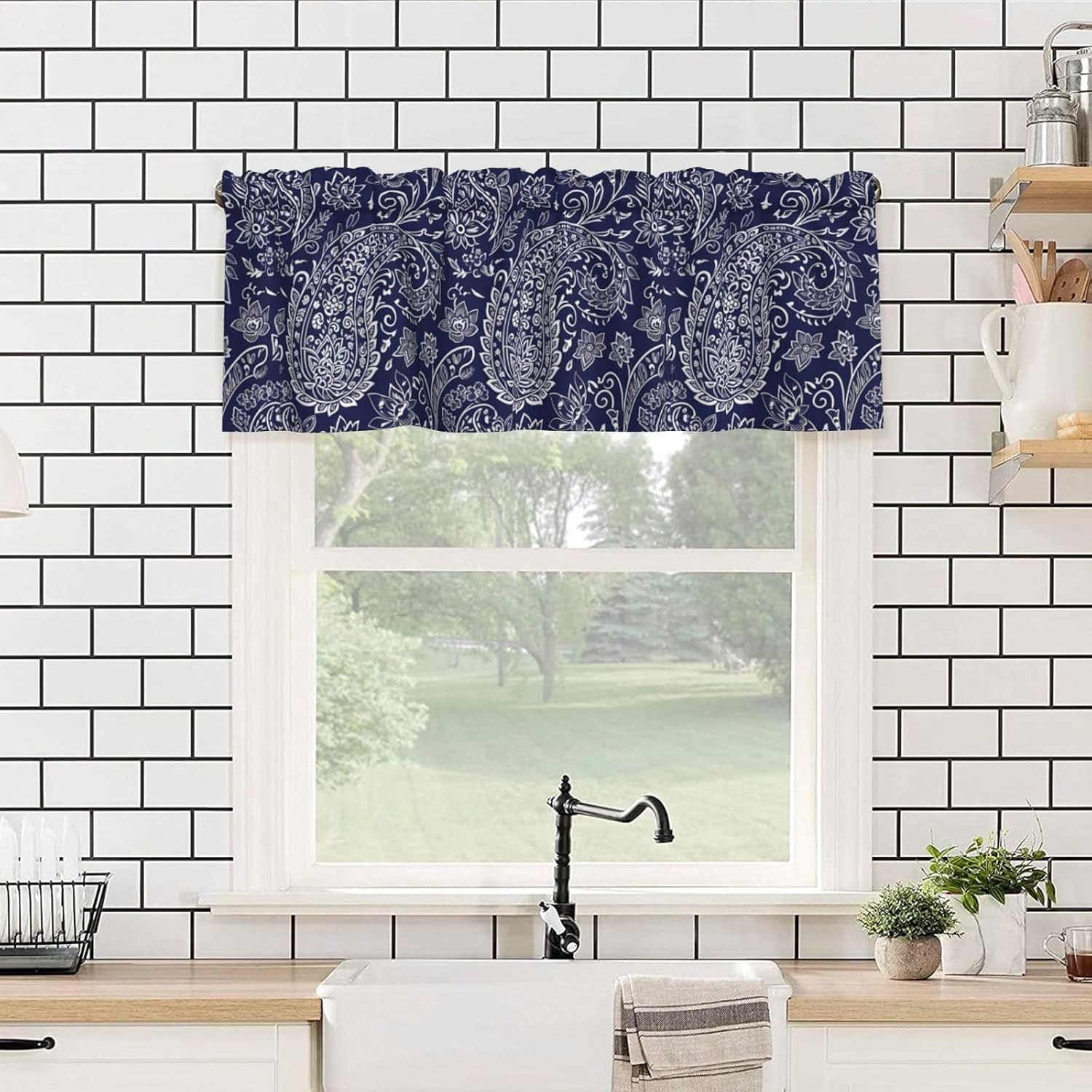 Valance for Windows White Paisley Navy Blue Short Curtains Rod Pocket Window Treatment for Kitchen Living Room Bedroom Bathroom Decor 1 Panel, 54x18in