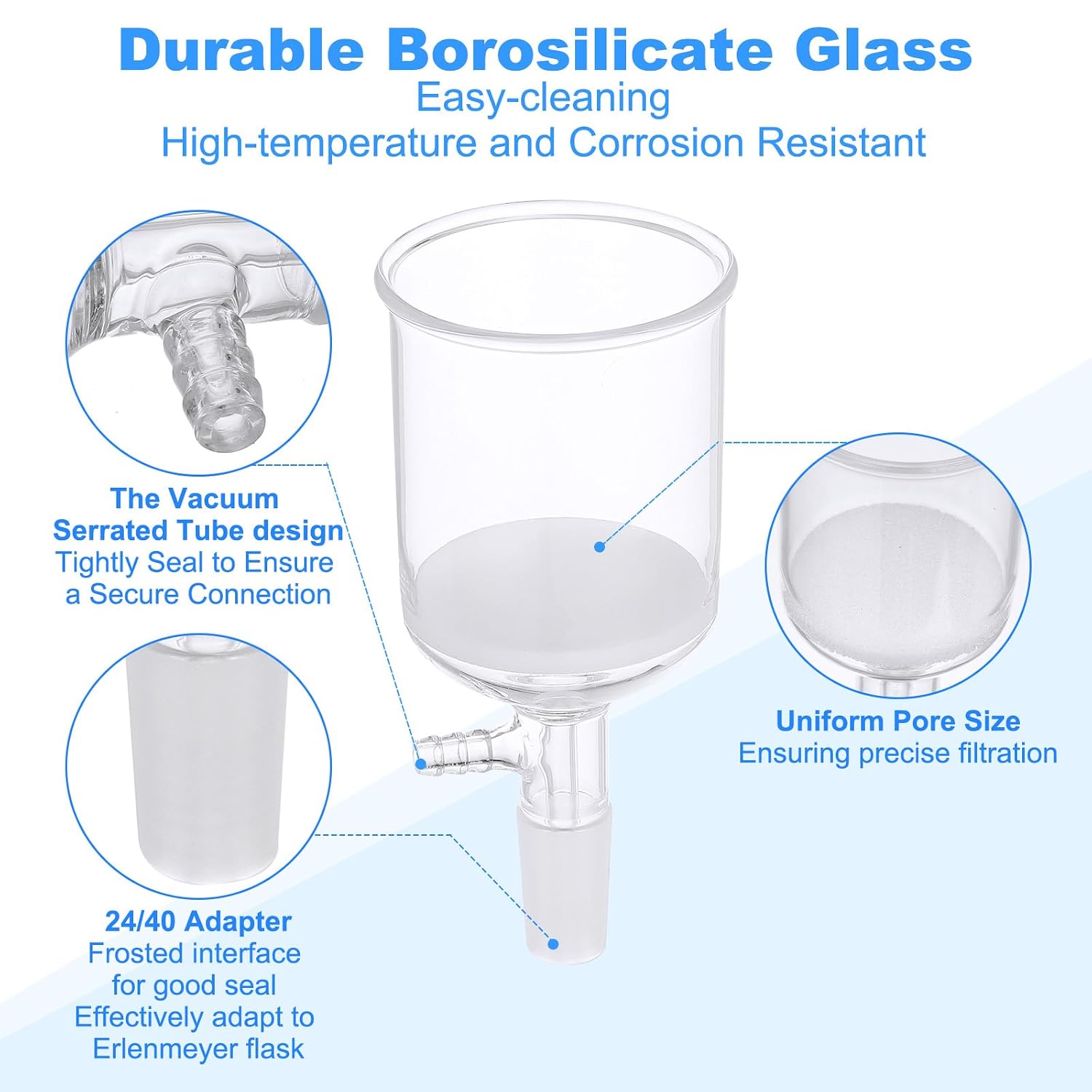 PATIKIL Buchner Funnel, 250ml Borosilicate Glass Buchner Filtering Funnel with Fine Frit(G1), 24/40 Standard Taper Inner Joint for Laboratory, Experiment, Clear, 75mm ID., 84mm Depth