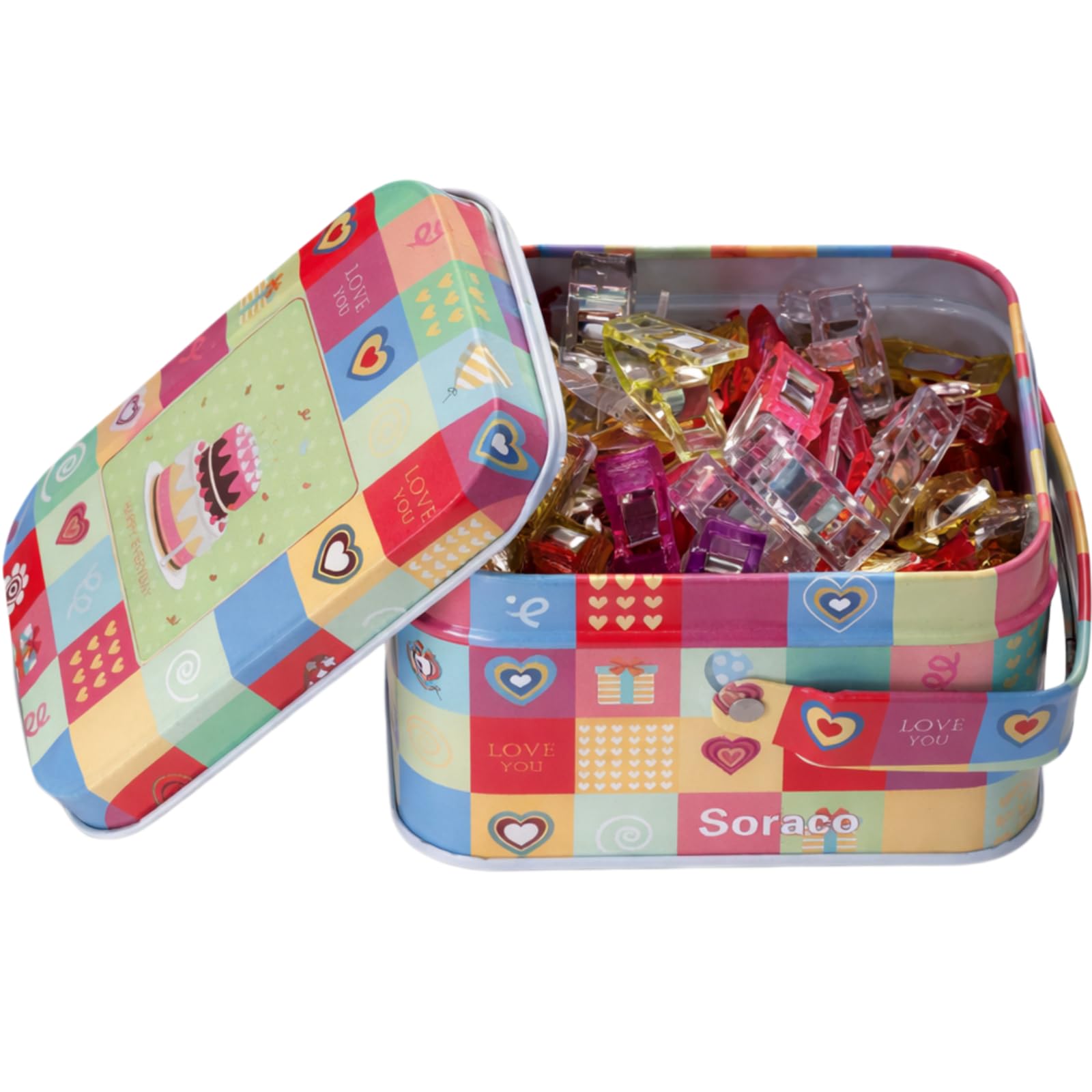 Soraco 100 pezzi multicolor clip Quilter morsetti con scatola di latta per cucito