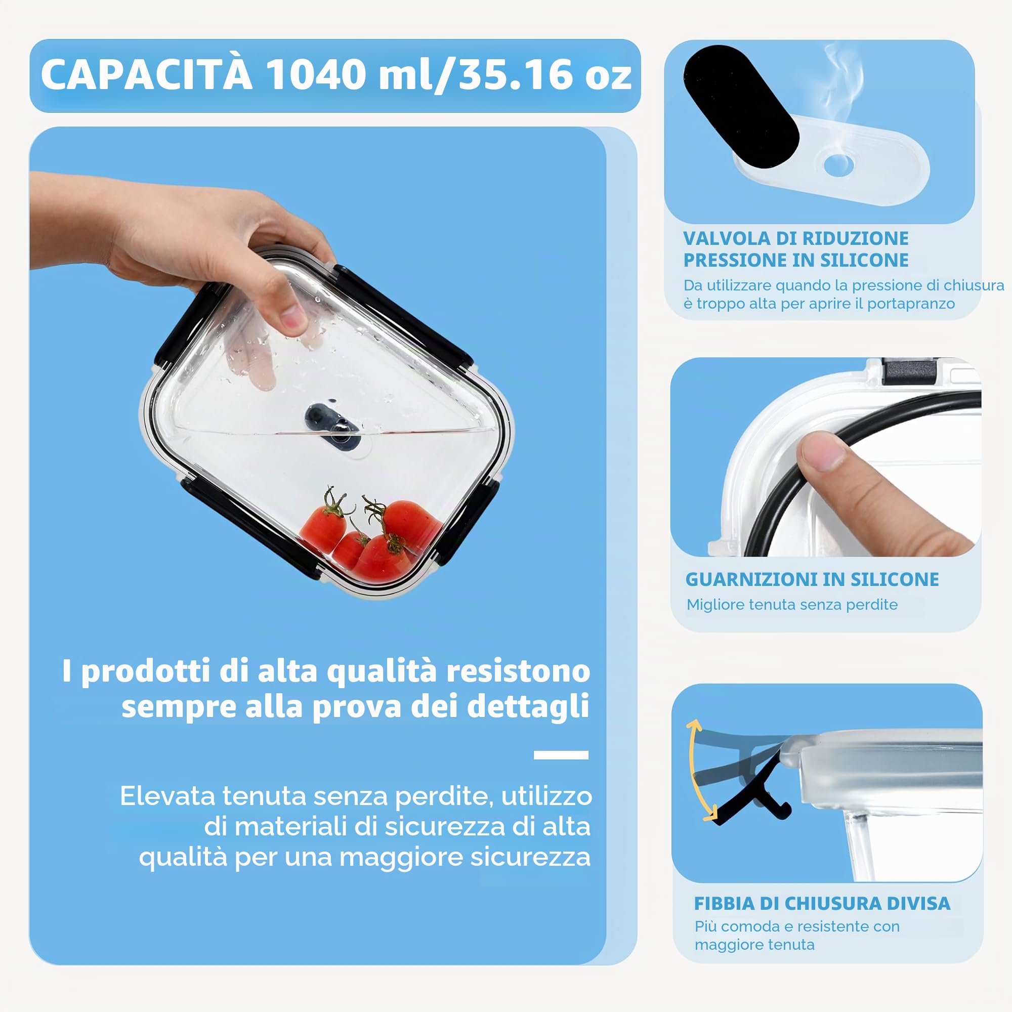 ERUIV Contenitori Ermetici Per Alimenti Vetro - Impilabili Contenitore Vetro - Senza BPA Contenitori In Vetro Con Coperchio - Set da 6 senza BPA - alto volume contenitori vetro - 1040ML