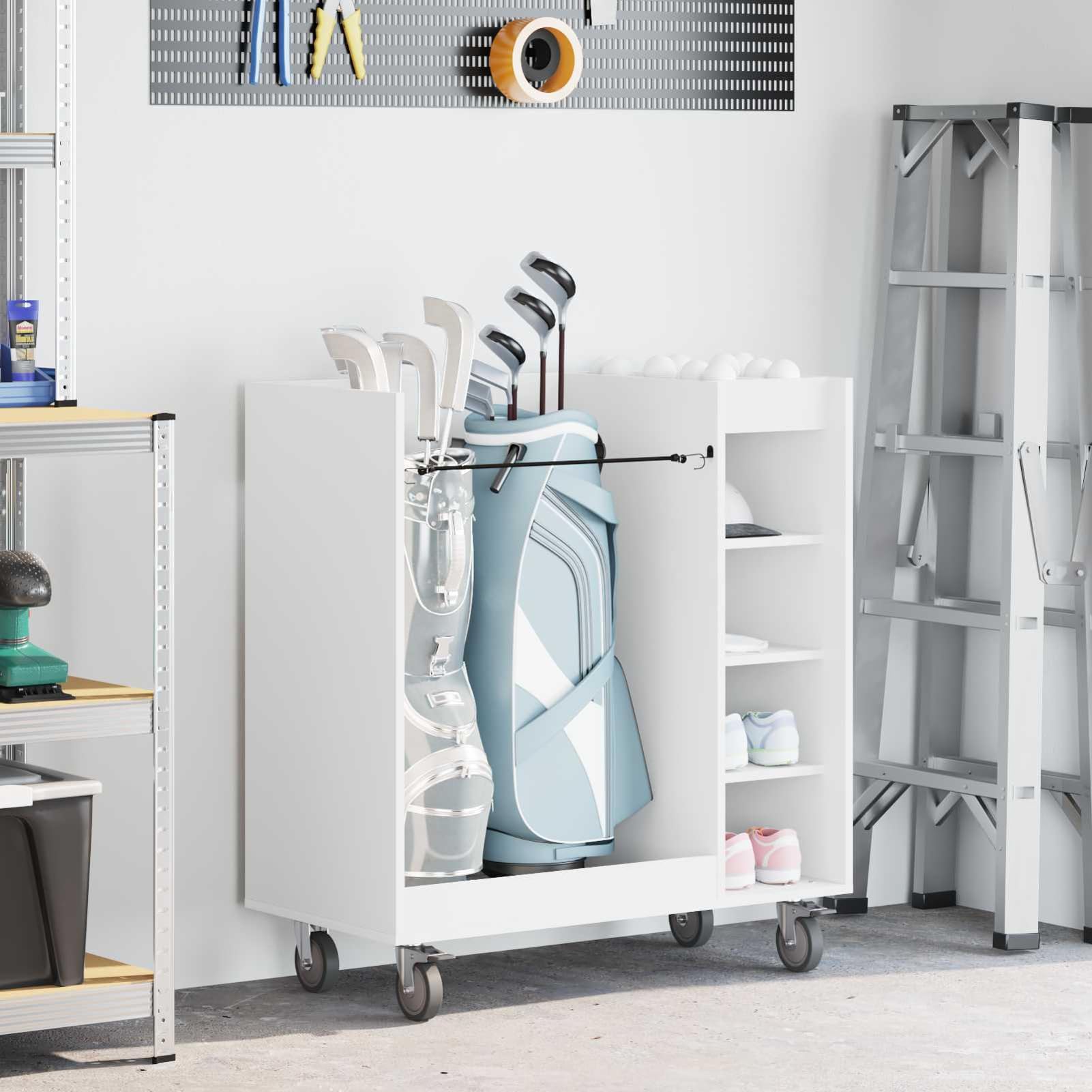 Gecheer Golf Schrank, Holz Schrank mit Rad 90 x 45 x 98 cm weiß, freistehende Regale, Metallrückwand, Stauraum für Garage, Haushalt, Golfzubehör