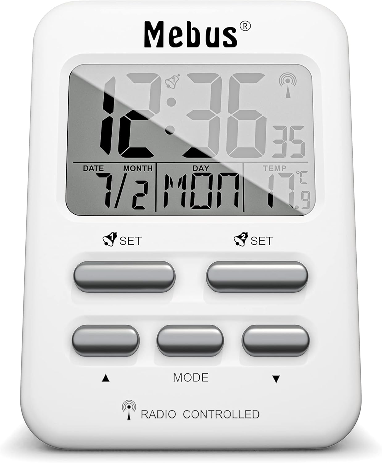 앞쪽 view of the Mebus 25800 Radio-Controlled Alarm Clock showing display and buttons
