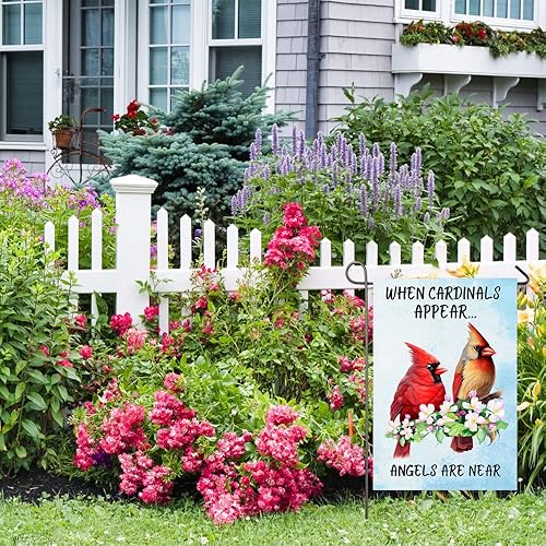Miniatura 7 de Bandera de jardín cardenal When Cardinals Appear Angels Are Near Memorial Yard Flag 12x18 pulgadas de doble cara floral de pájaros rojos bandera de