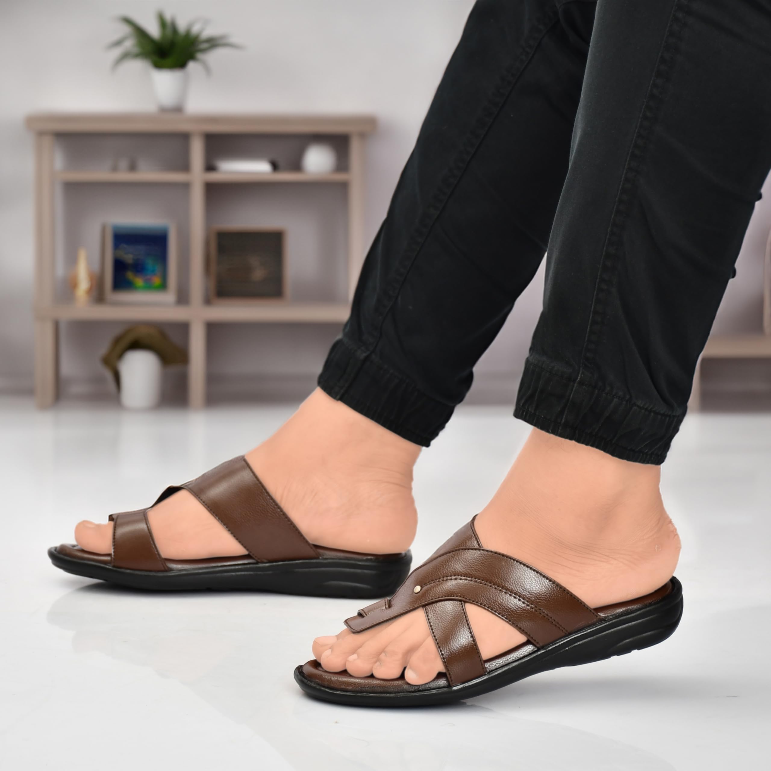 moshto Men Black Brown Synthetic Leather Slipeer For Men-picture-17
