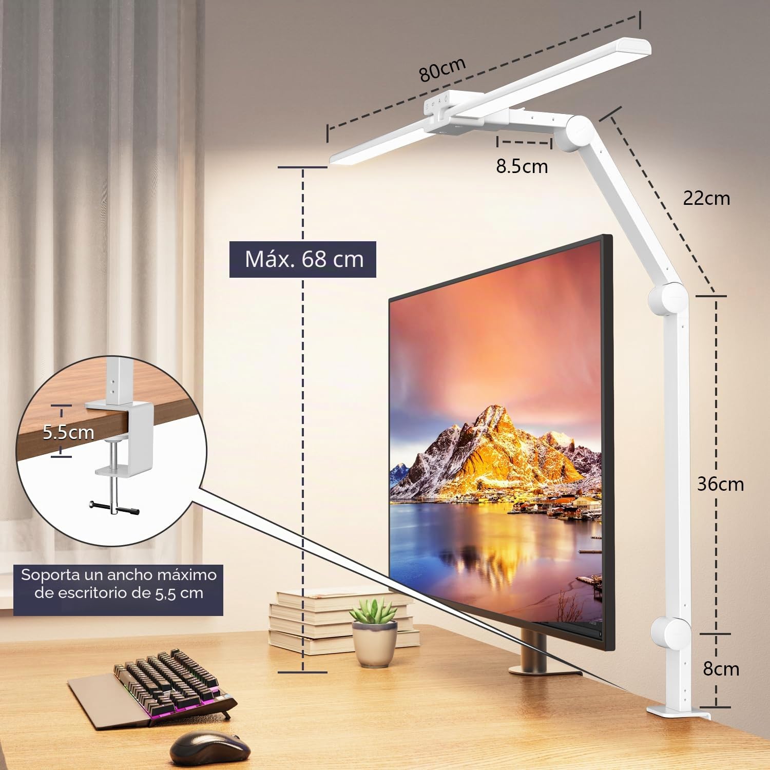 KableRika Lámpara escritorio LED de doble cabezal con pinza, 24W Blanco | 1200 lm, 3 articulaciones de fricción con ajuste de 225°, brillo automático – ideal para oficina y trabajo con ordenador