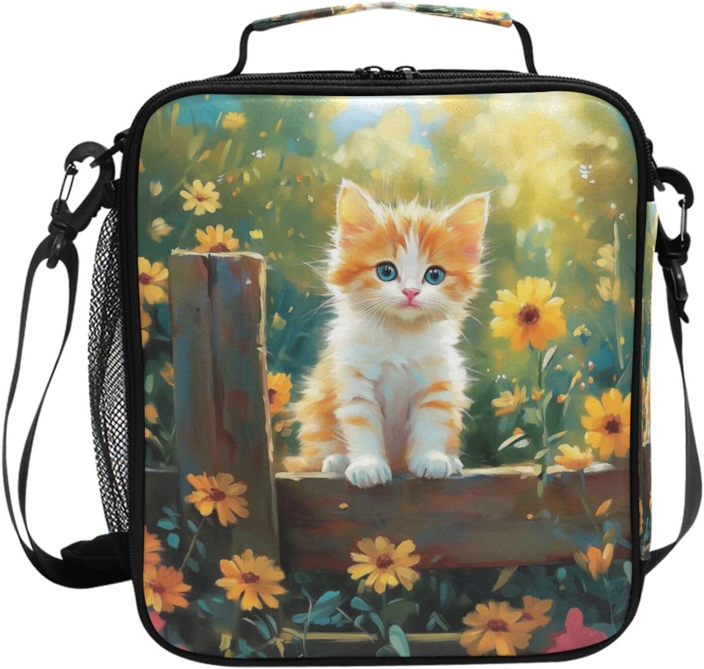 Orange Cat Yellow Pink Flowers Wooden Lunch Box for Girls Boys Insulated Lunch Bag with Adjustable Shoulder Strap Kids Children Thermal Lunchbox Tote Bags Cooler School Office Picnic