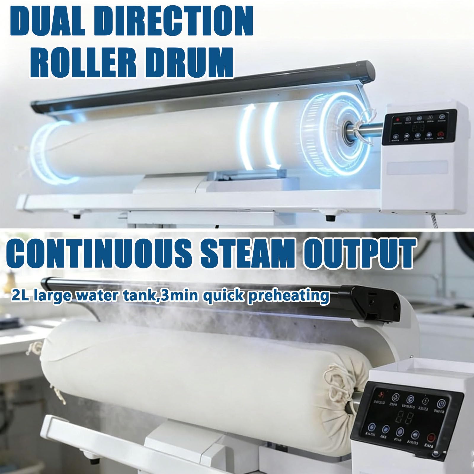 Gewerbliche Dampfbügelmaschine mit Rollenbügelwalze, 90 cm Rollenbügelwalze mit Touchscreen, Fußpedal, Dauerdampf (70 g/min), 2-Liter-Tank, 2,5 m/min Geschwindigkeit, für Hotelwäsche und Wäschereien