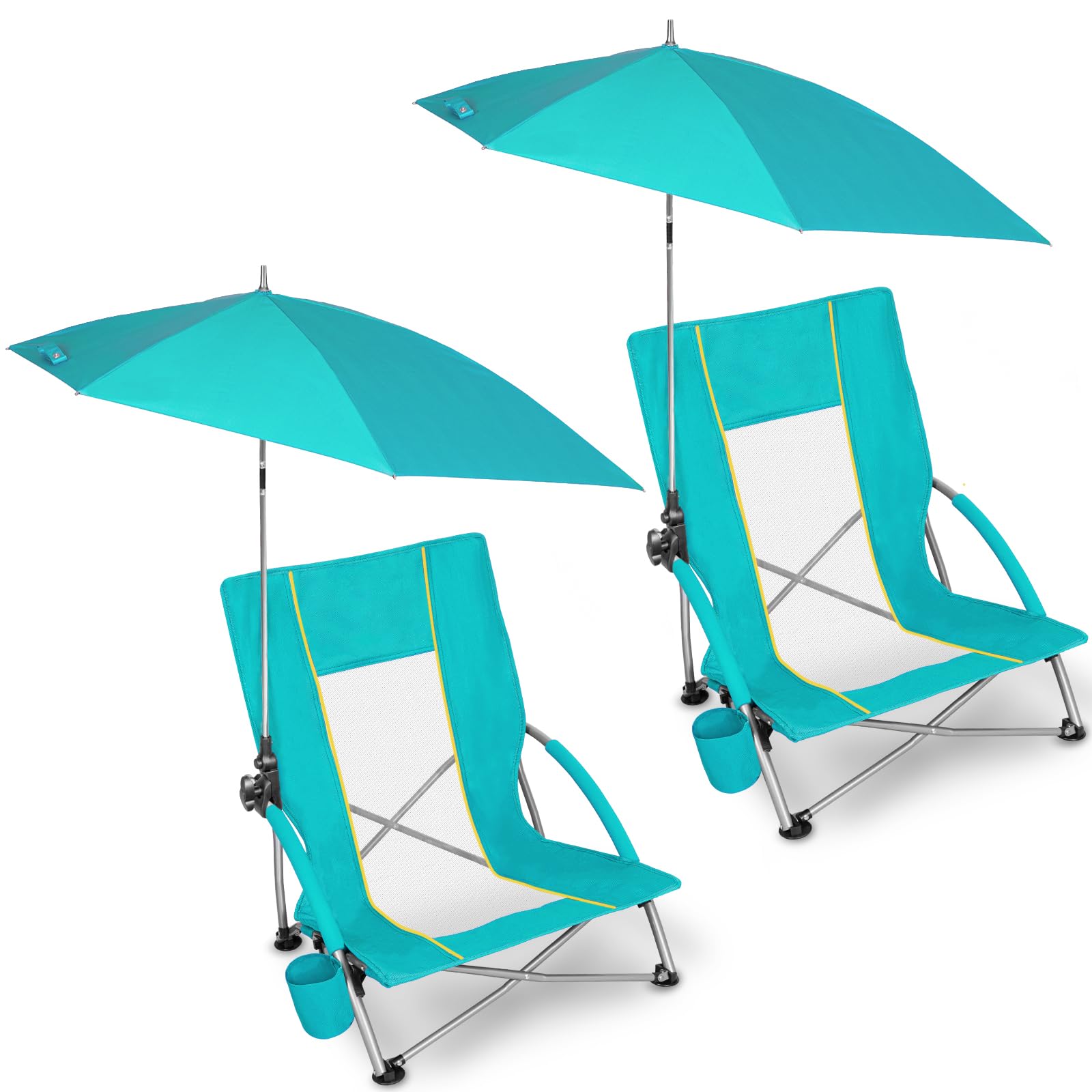Beach Chair with Umbrella 2PK, Folding Low Beach Chairs for Adults with Adjustable Parasol, Cup Holder, Breathable Backrest, Comfortable Armrests, Lightweight for Beach &amp; Camping, Green