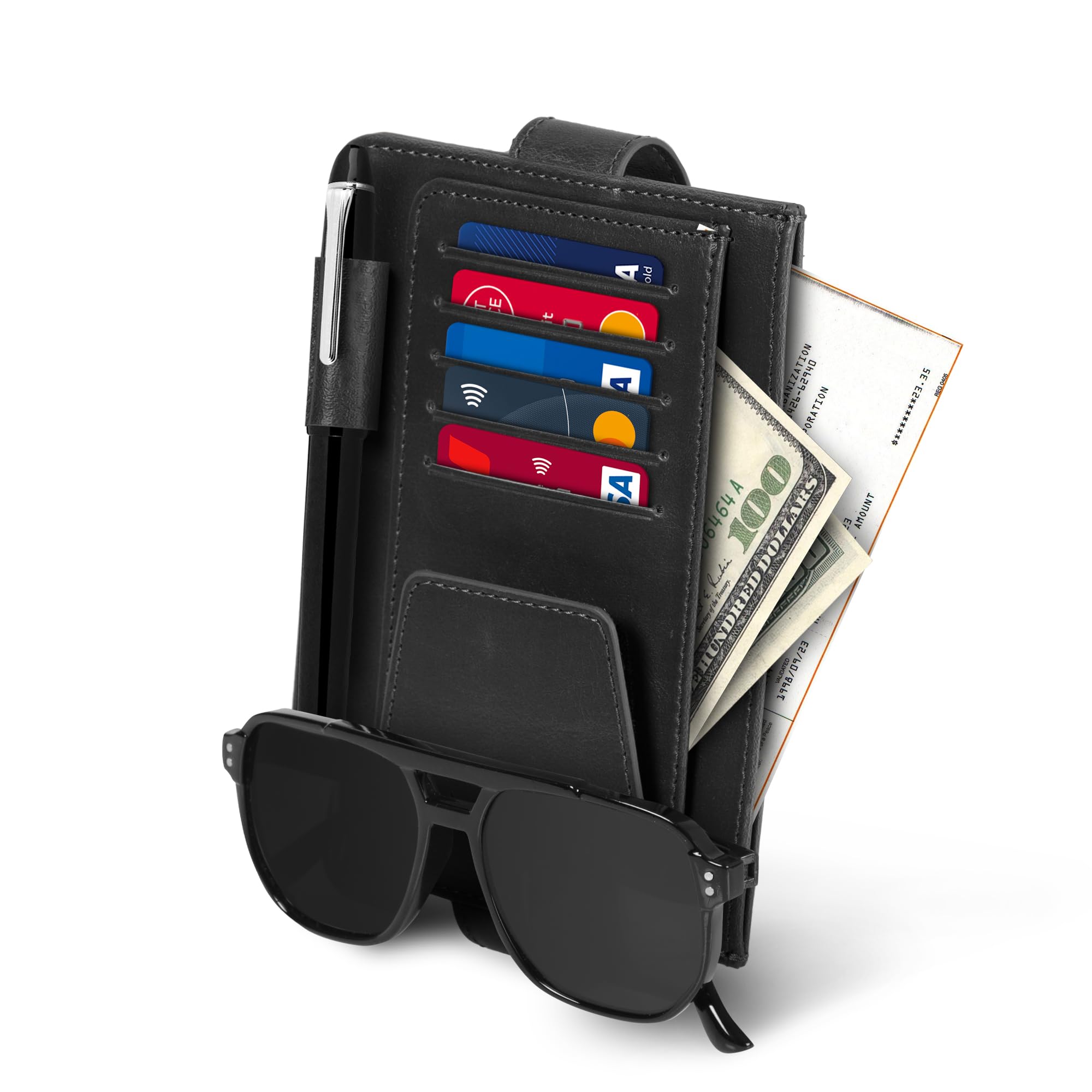 LONDO OTTO313 Leather Car Visor Organizer, Credit Card Pen & Eyeglass Holder, 5.9x4.5, Black