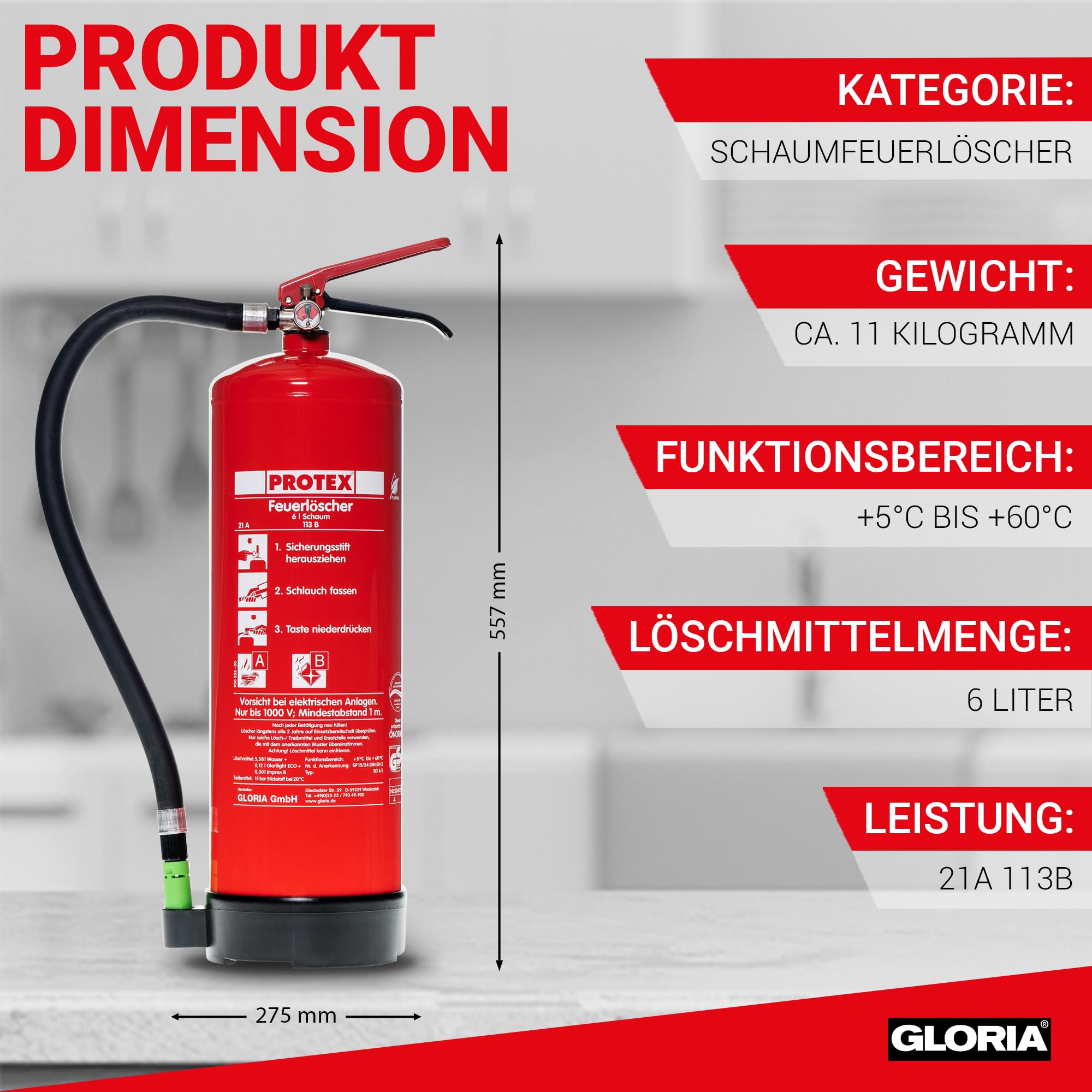 Protex – Schaum-Feuerlöscher SD6 E – 6 Liter – fluorfrei – für die Brandklassen A und B – nach DIN EN 3 – 11 kg – mit praktischer Halterung – mit Prüfplakette – Made in EU