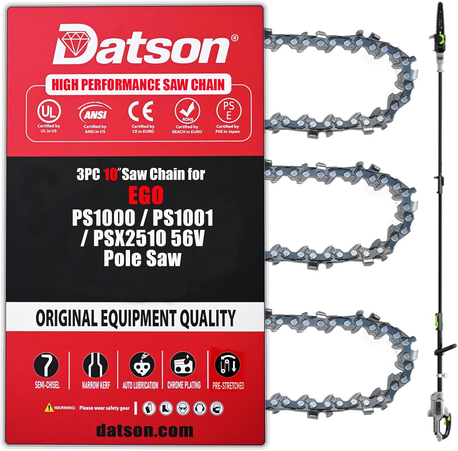 3PC 10" Pole Saw Chain Replacement for EGO PS1000 / PS1001 / PSX2510 10-Inch 56V Pole Saw- 10" Pole Saw Chain Replacement for EGO PS1000 Chainsaw 1/4" - .043" - 56 DL