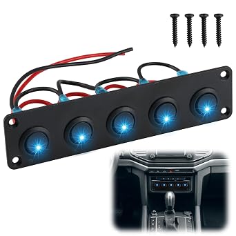5 Gang Rocker Switch Panel, 12V - 24V 20A Waterproof On-Off Toggle | Switch Control with Blue LED Light Fit For Car, Boat, Yacht, Trailer, Caravan, Camper Bus, Tractor Truck