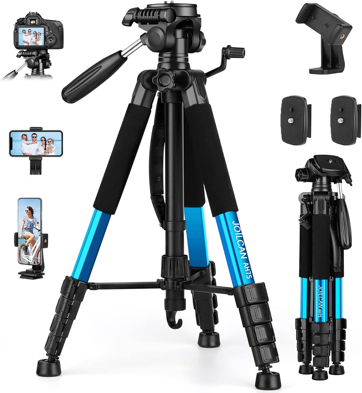 JOILCAN 74" Camera Tripod Stand for Canon Nikon DSLR, Lightweight Travel Video Aluminum Cell Phone Tripod with 2PC Quick Plates and Universal Phone Mount 15lb Load (Blue) : Electronics