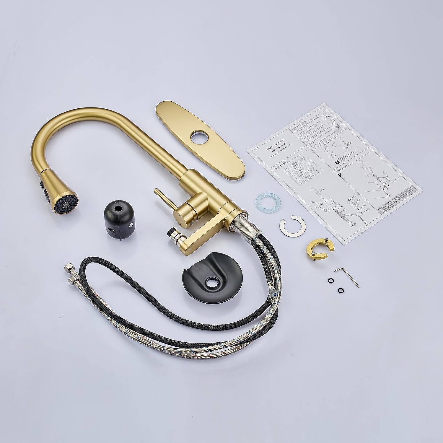 Kitchen Faucet with Glass Rinser Single Handle Pull Down Kitchen Sink Faucet with Cup Washer 1 or 3 Hole Glass Rinser Faucet for Kitchen Sink, Brushed Gold
