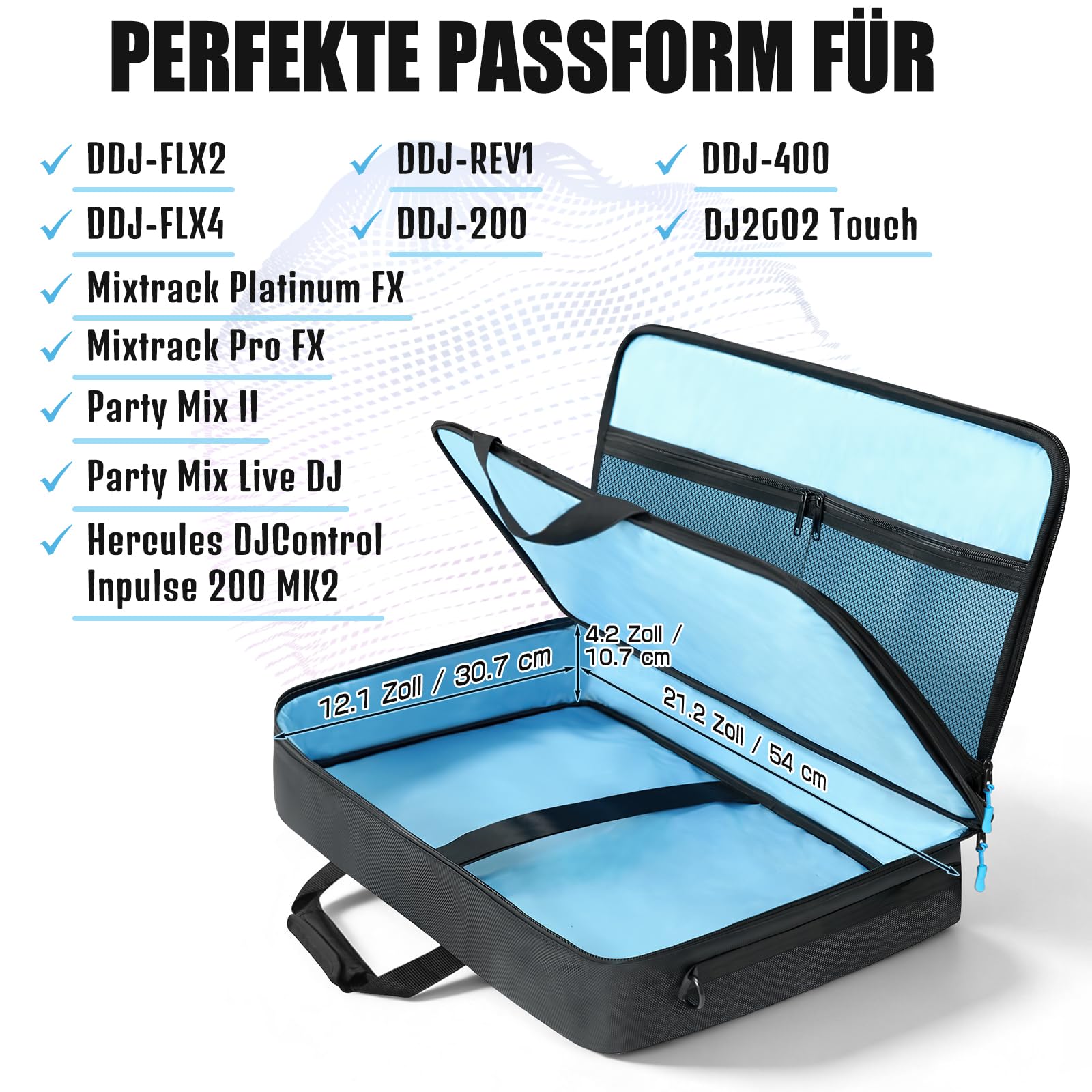 SUNDOY Sac de Transport pour DJ Compatible avec Les manettes Pioneer/Numark/Hercules - Mallette de Transport résistante aux Chocs avec bandoulière et Compartiments pour Accessoires, Noir, 55x32x12-CM