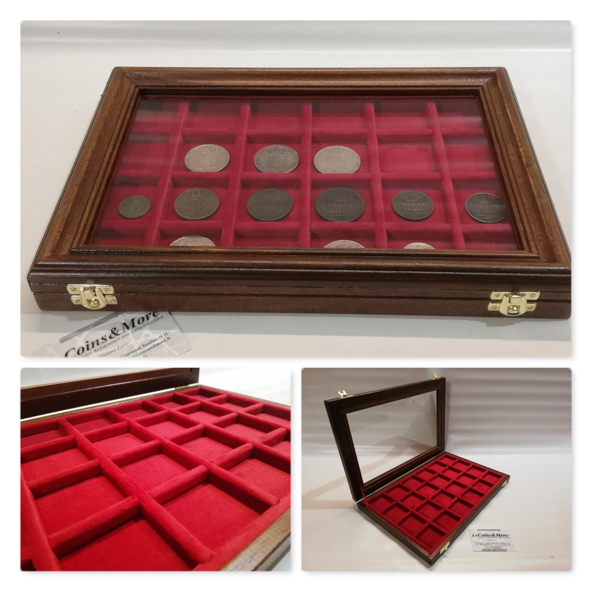 Caja para Monedas y medallas de Madera Maciza y Cristal con Terciopelo, Compartimentos Personalizables, numismática Artesanal