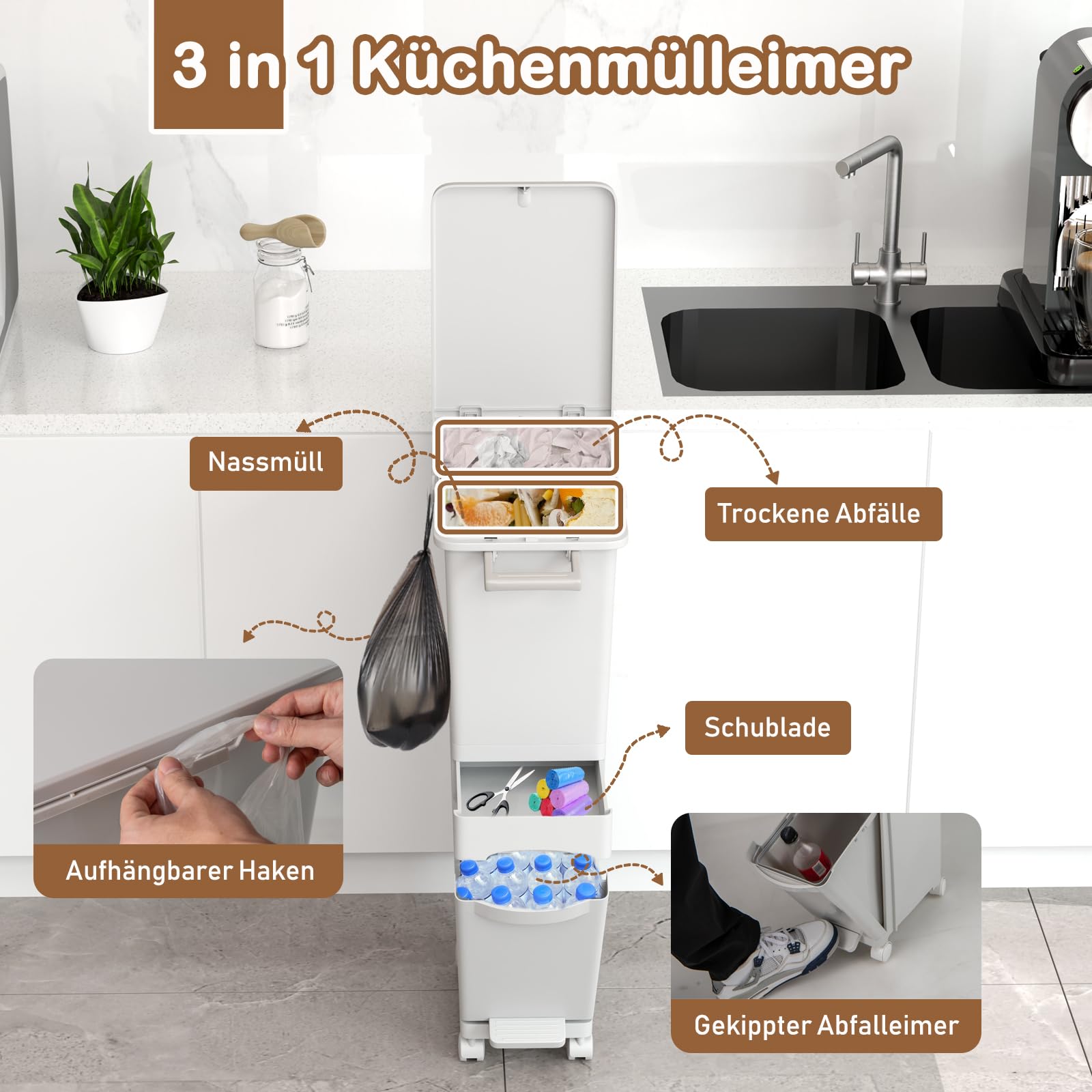 GIANTEX Mülleimer Küche 3 Fächer, 32 L Abfalleimer mit Deckel & Pedal, Tretmülleimer auf Rädern, Abfallbehälter mit Schublade & neigbarem Behälter, 3 in 1 Treteimer Mülltrennsystem mit Aufkleber, Weiß