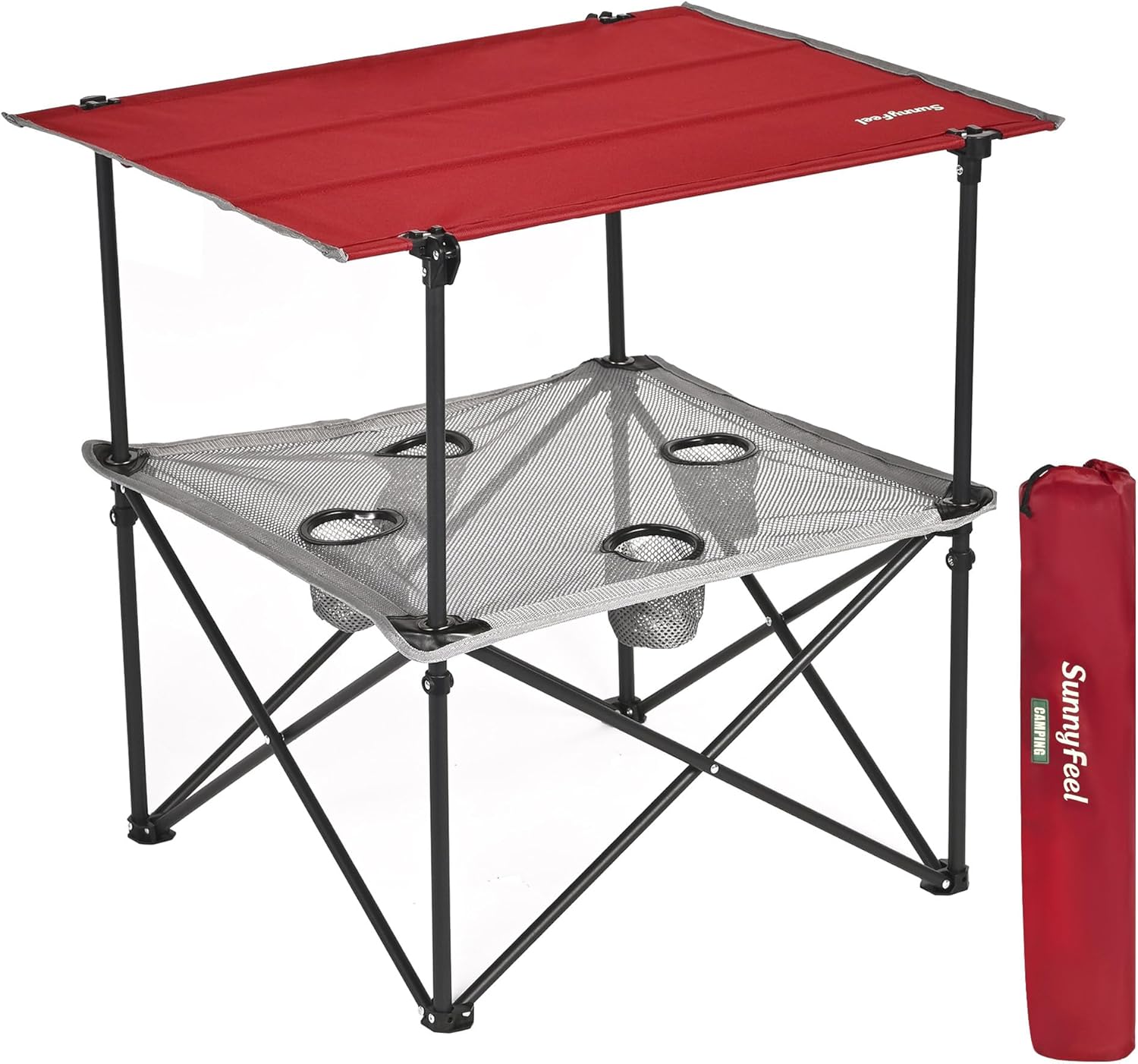 SUNNYFEEL Folding Camping Table- Collapsible Portable Beach Table with 4 Cup Holders & Carry Bags, Tailgate Table for Outdoor Excursion Picnic Hiking Fishing Travel Parties, Black