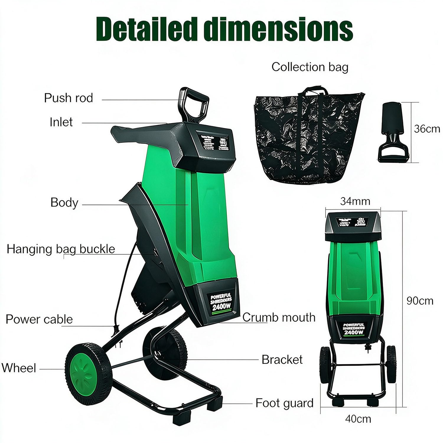 Biotrituradora Eléctrica 2400w, Diámetro Máximo De Corte 39 Mm | Motor Cobre,Cuchillas Acero Doble,Bolsa 50l,Protección Sobrecarga Y Ruedas Para Triturar Ramas Y Hojas En Compost Doméstico