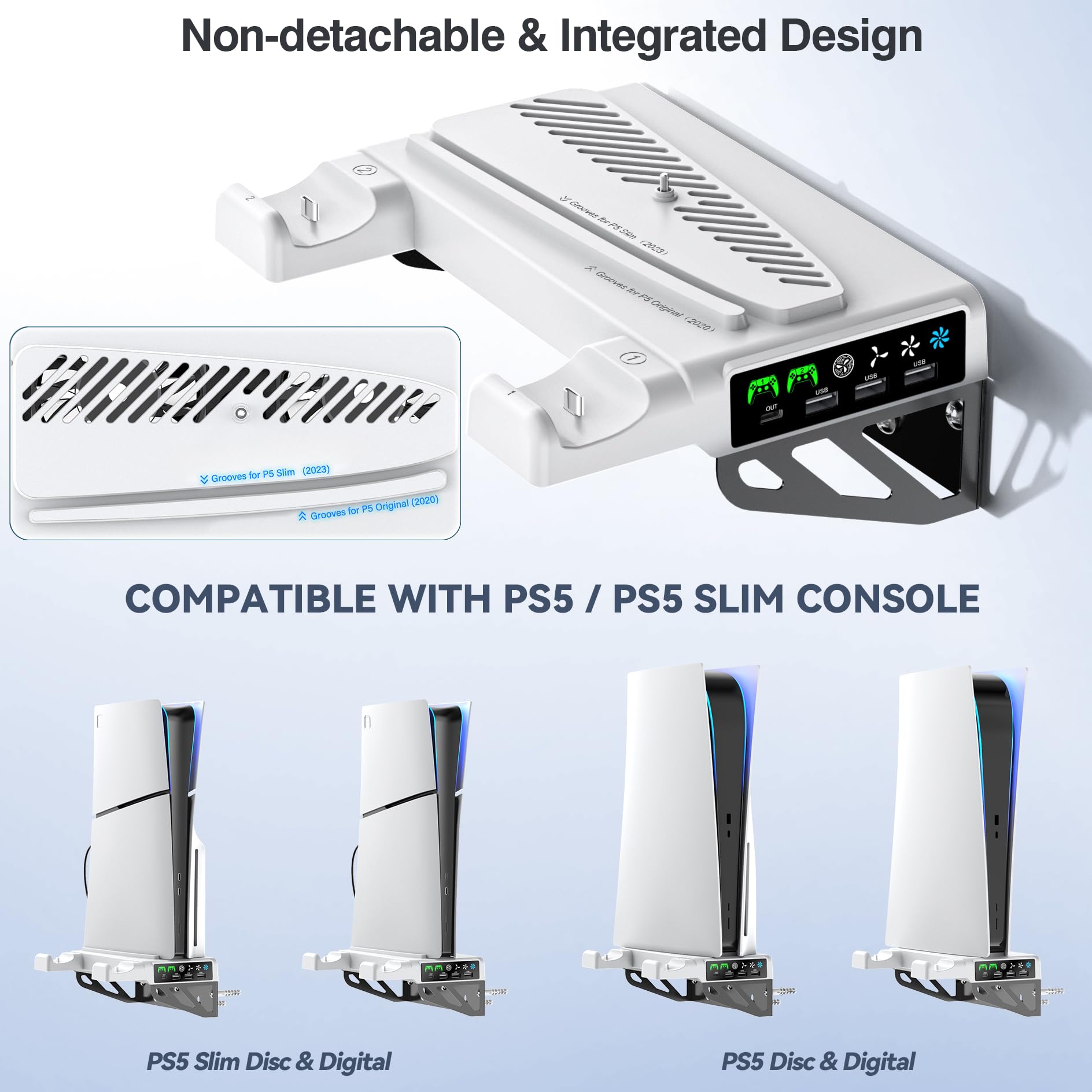 Kosker Supporto Parete PS5 con Ventola di Raffreddamento per PS5 Slim/PS5 Digital Edition e Disc Edition, Base PS5 Slim con Caricatore Controller, Supporto P 5 da Muro Staffa per PS5