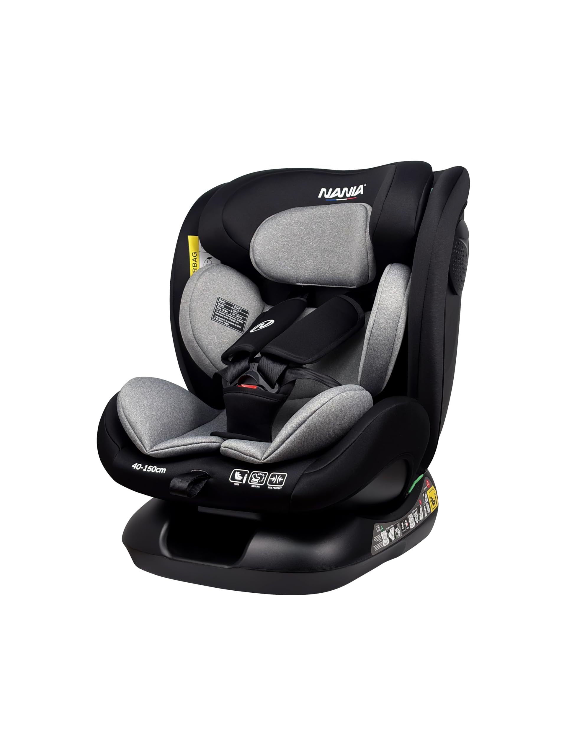 Nania Prato, seggiolino auto per bambini, I-Size, 40-150 cm, evolutivo dalla nascita, fino a circa 12 anni, fissaggio cintura di sicurezza, poggiatesta e inclinazione regolabili, supporto lombare e