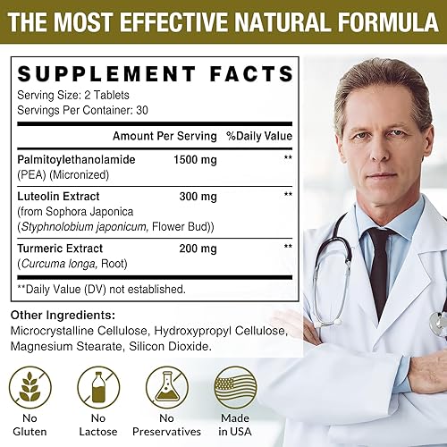 Miniatura 2 de Complejo de palmitoiletanolamida de 2000 mg con luteolina y cúrcuma, alta absorción, suplemento de guisantes para el manejo de molestias, fabricado