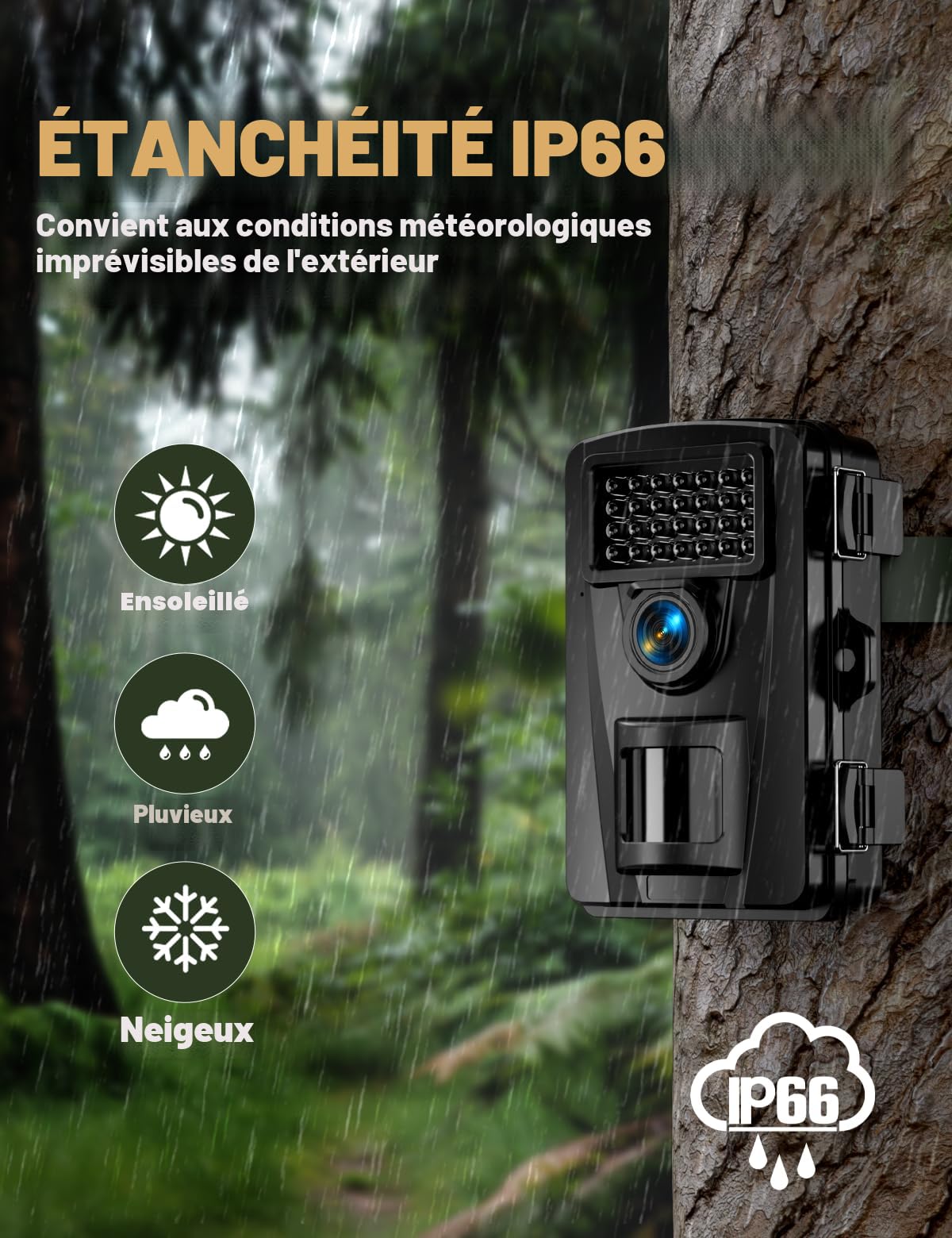 Caméra de Chasse 60MP 4K avec Détecteur de Mouvement Vision Nocturne 940nm IR LED IP66