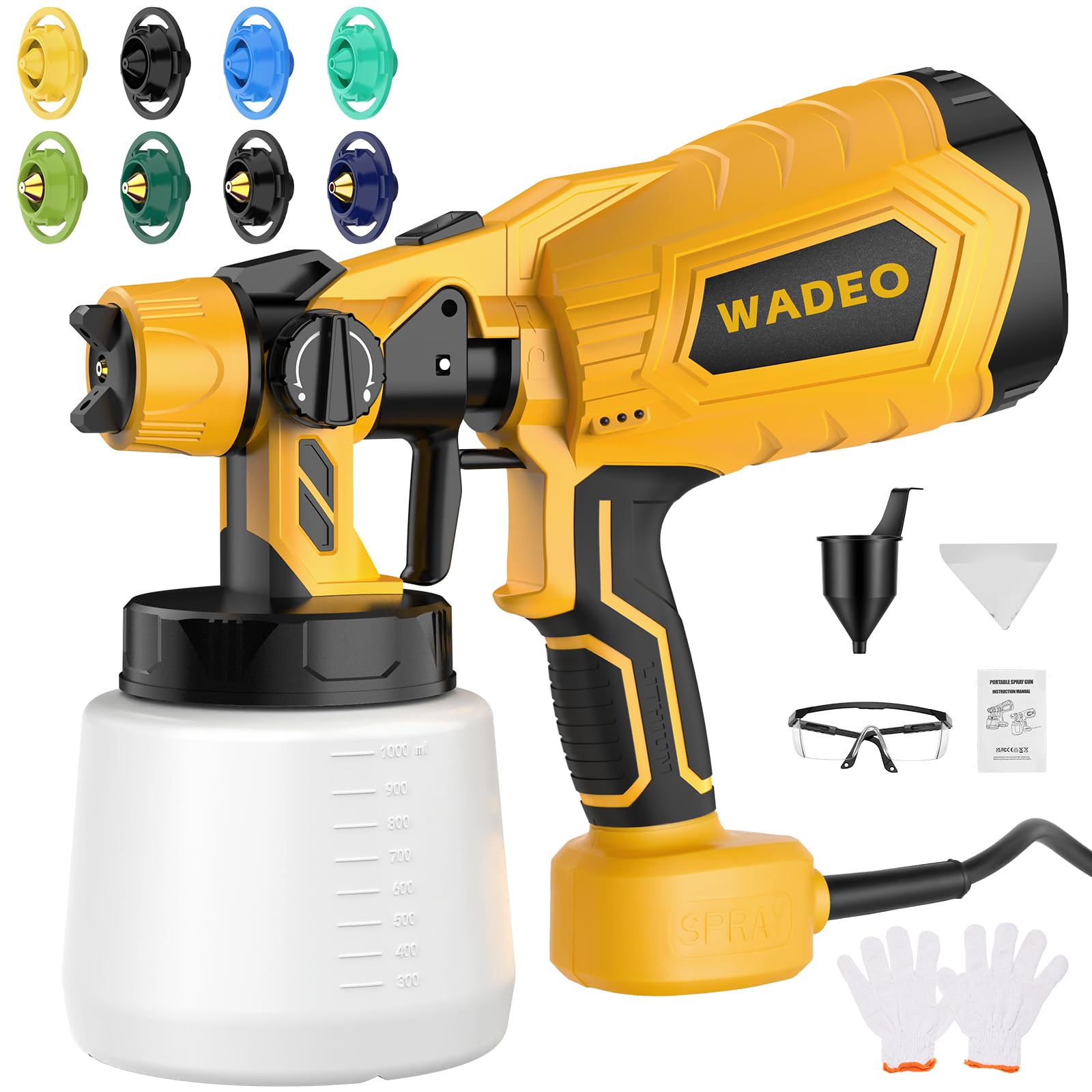 WADEO Pulverizador de Pintura HVLP 800 W, Pulverizador Eléctrico con 8 Boquillas & 3 Patrones, 1000 ml, Flujo y Ángulo de Rociado Ajustables, para Vallas, armarios, Paredes, techos, Muebles, jardín