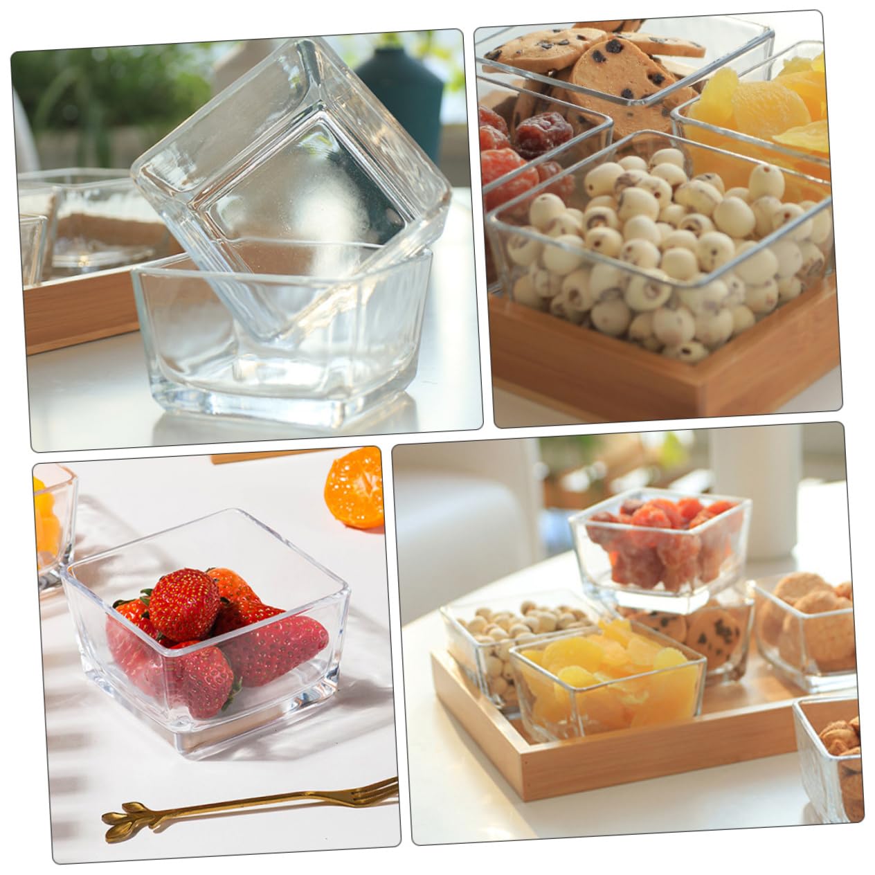 Plateau à Fruits Compartimenté En Verre Transparent 4 Sections Support En Bois Multifonction Pour Fruits Secs Noix Collations Maison Restaurant Fête