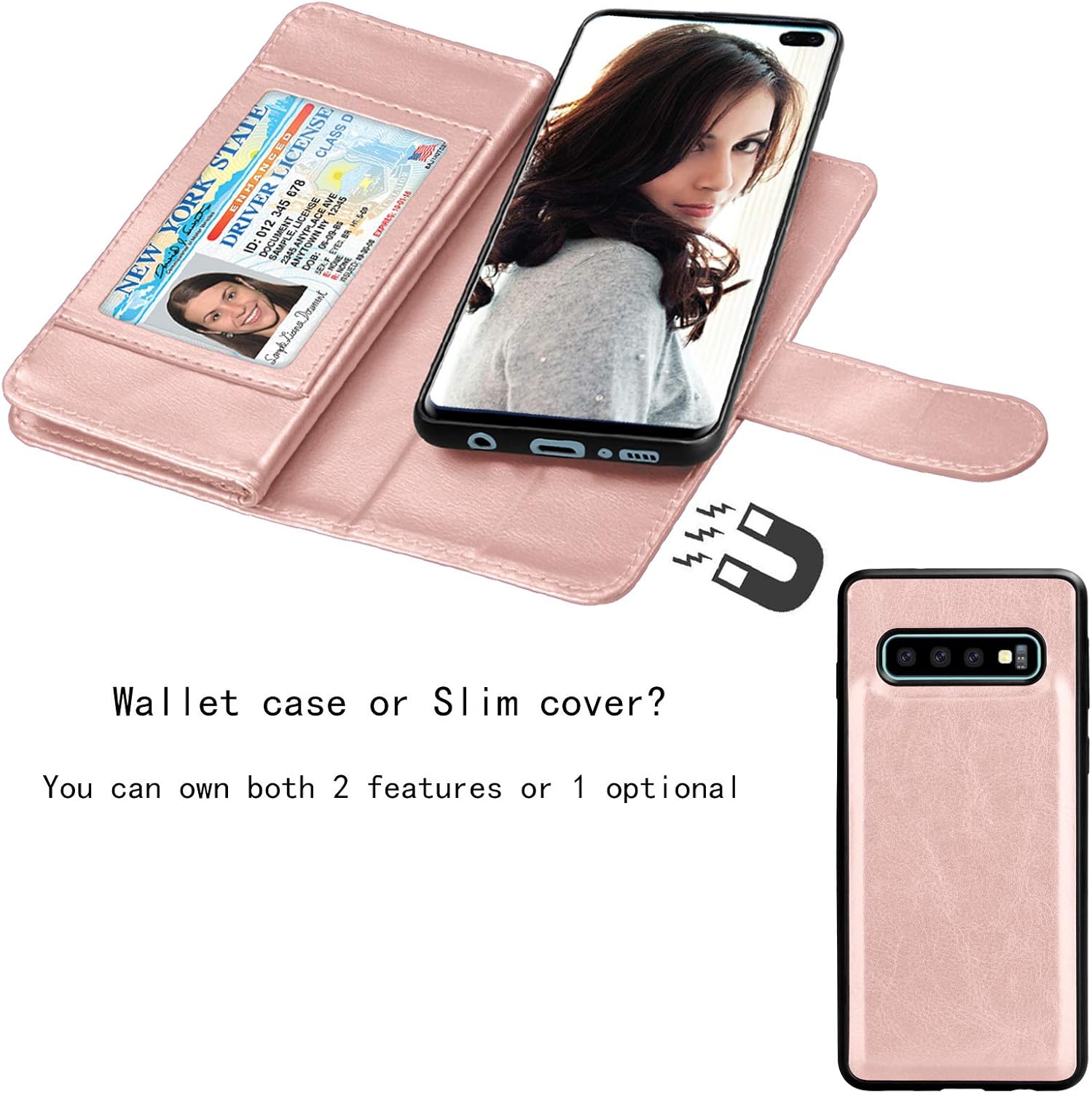 NJJEX Wallet Case for Galaxy S10 Plus, for Galaxy S10+ Case, PU Leather [9 Card Slots] Credit Holder Flip [Detachable][Kickstand] Magnetic Phone Cover & Wrist Strap for Samsung S10 Plus [Rose Gold]