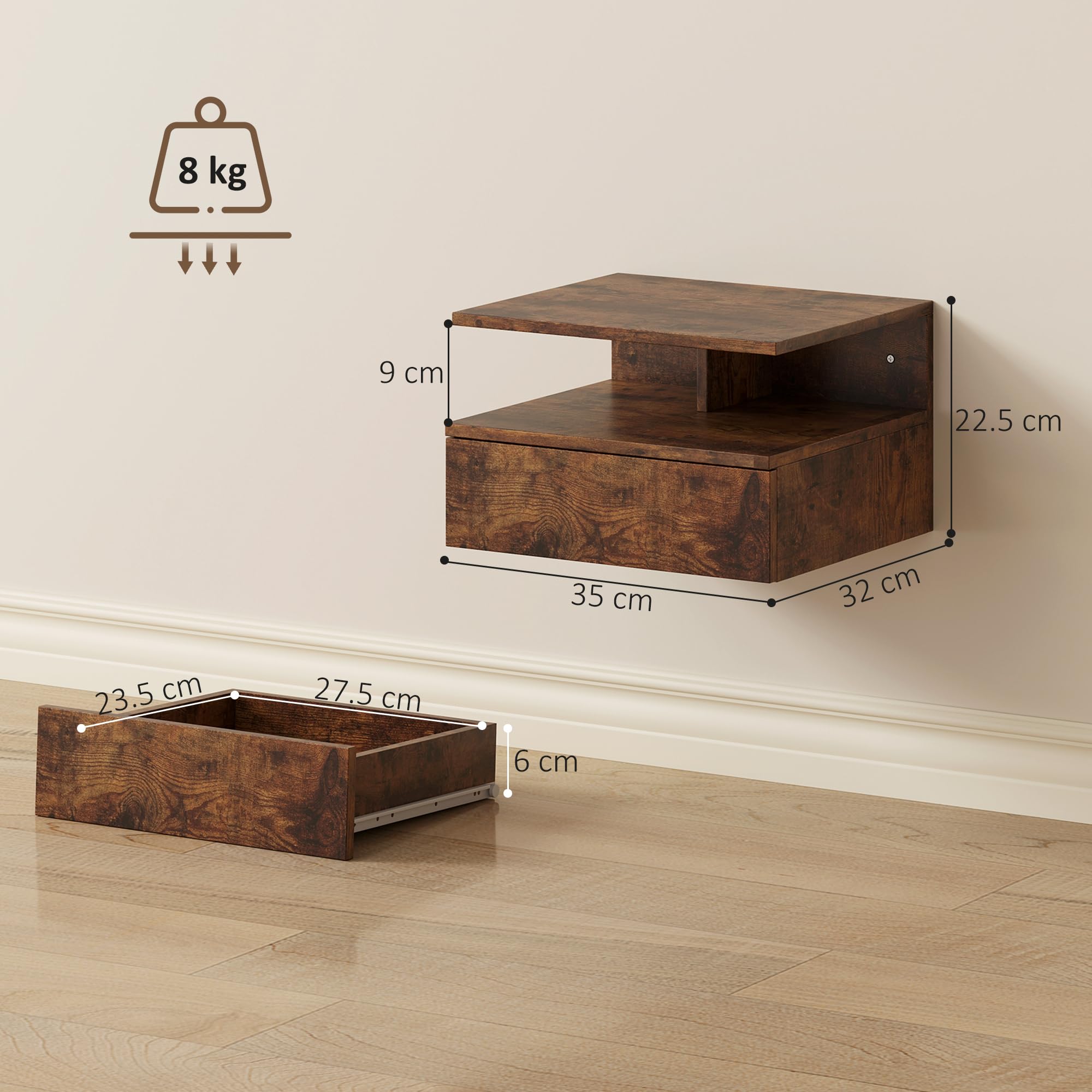 HOMCOM Set di 2 Comodini Camera da Letto Sospesi con Cassetto e Scomparto Aperto, Coppia di Comodini Moderno in Legno, Tavolini per Divano, Soggiorno, Salotto e Camera, 35x32x22.5 cm, Marrone Rustico