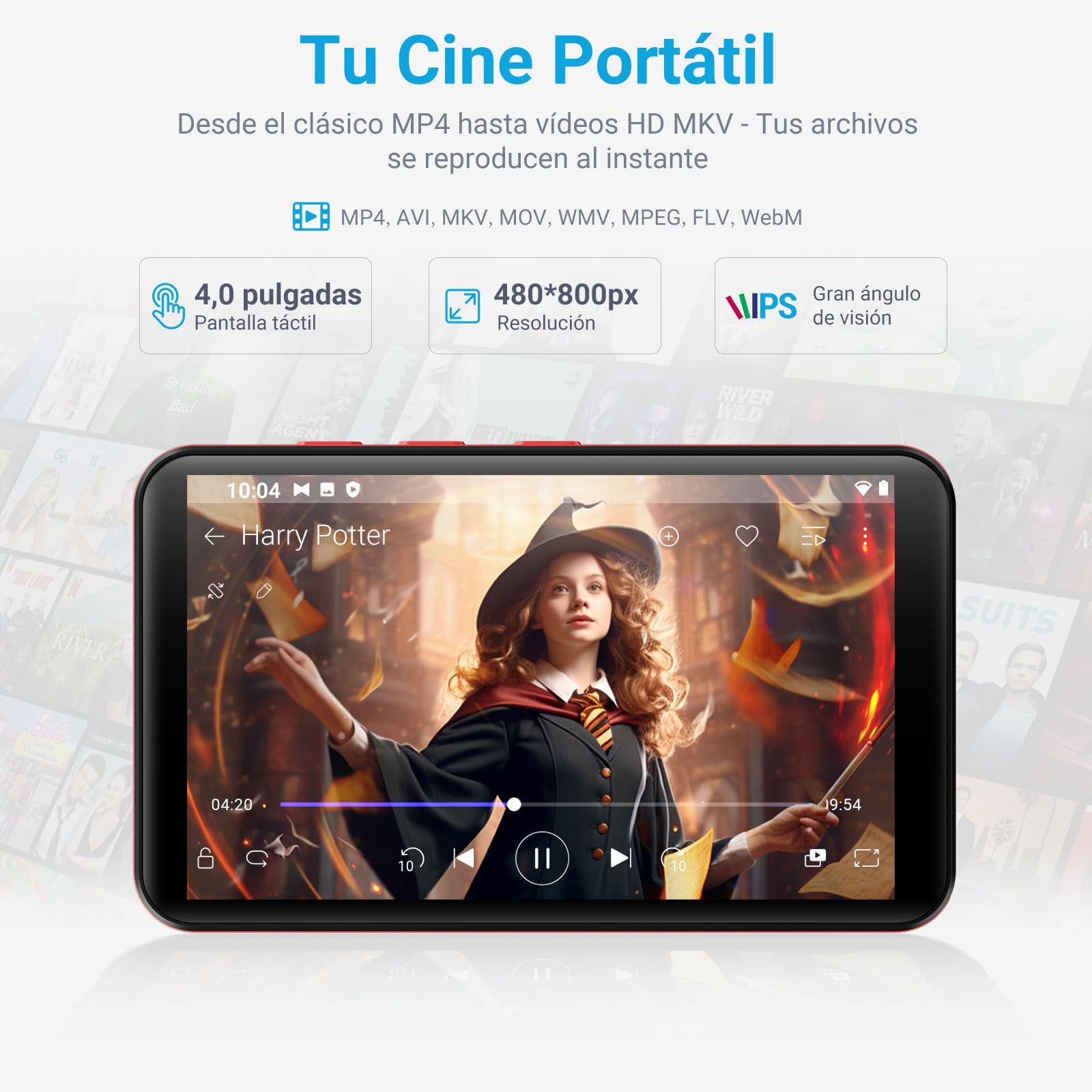 MECHEN Reproductor MP3 de 96 GB, Bluetooth Spotify, Reproductor MP4 Android de 4,0 Pulgadas, Modo Padre, Radio FM, Compatible con Audible, Amazon Music, Deezer (Rojo)