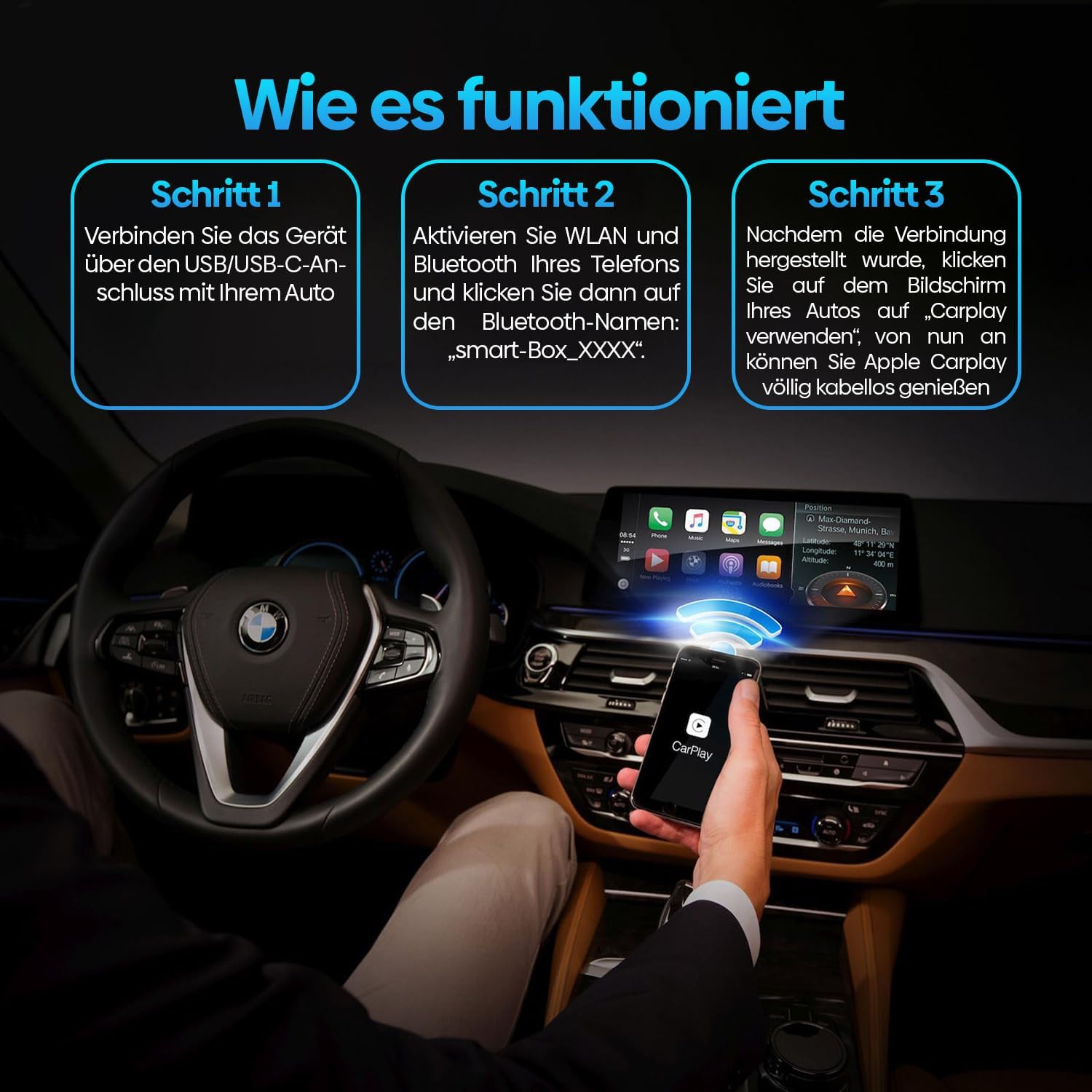 Bilens instrumentbræt view demonstrating the Olvy dongle's display with day mode and night mode icons.