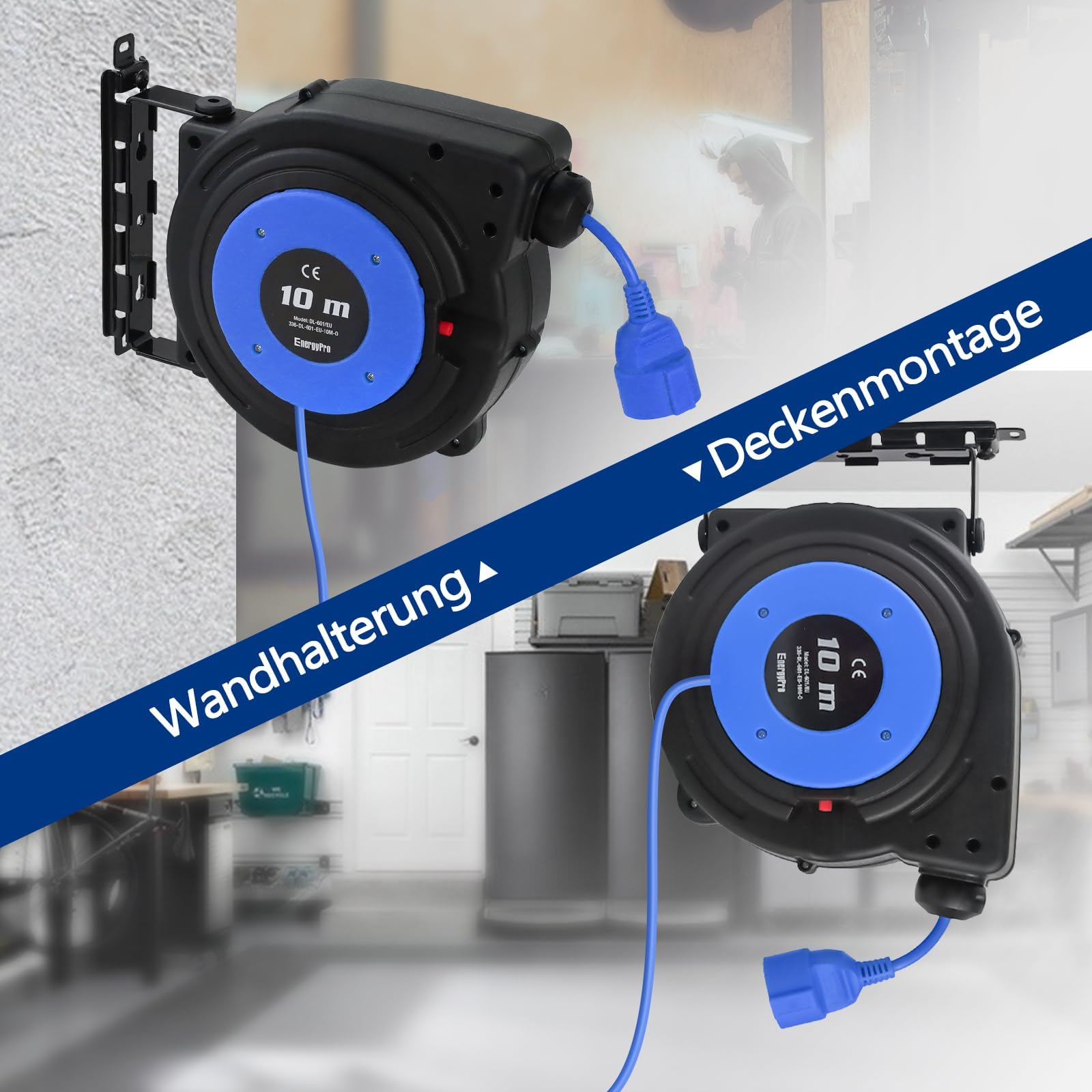 EnergyPro Automatische Kabeltrommel 10m, 2300W, wandmontierbar mit TÜV-Prüfung & Montage-Set – Kabeltrommel Outdoor für Garten, Werkstatt und Garage