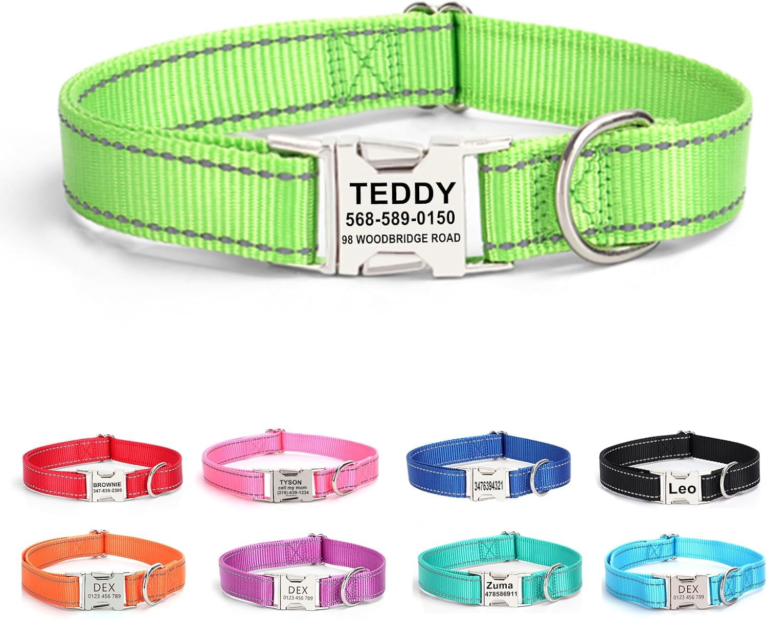 Personalized Dog Collar with Name Tag,Reflective Nylon Pet Collar,Custom Engraved Buckle Dog Collars,XS S M L XL Adjustable Pet Collar for Small Medium Large Dogs,Christmas Pet gift(Green)