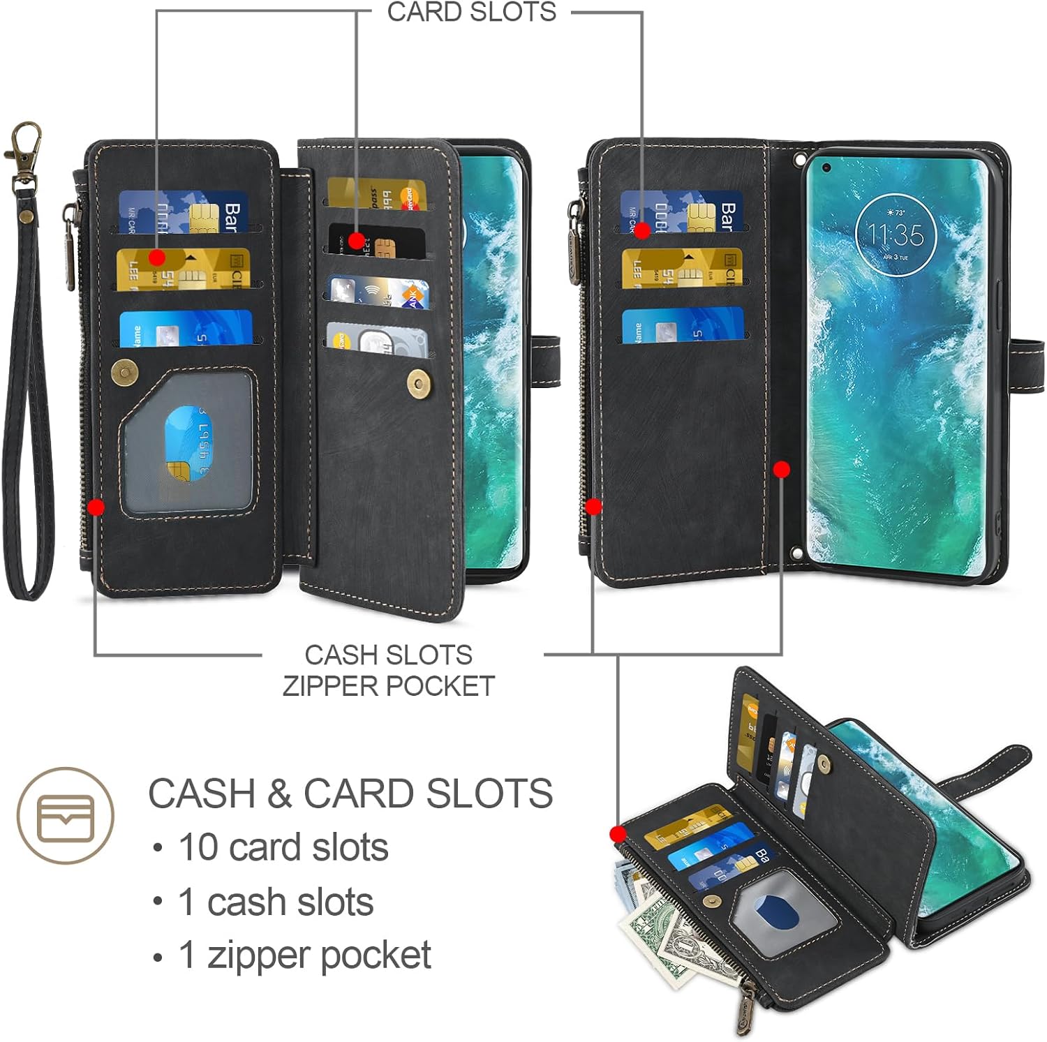 Asuwish Phone Case for Moto Edge Plus 2020 Wallet Cover and Tempered Glass Screen Protector Leather Flip Credit Card Holder Stand Lanyard Folio Cell Accessories Motorola Edge+ + XT2061 Women Men Black