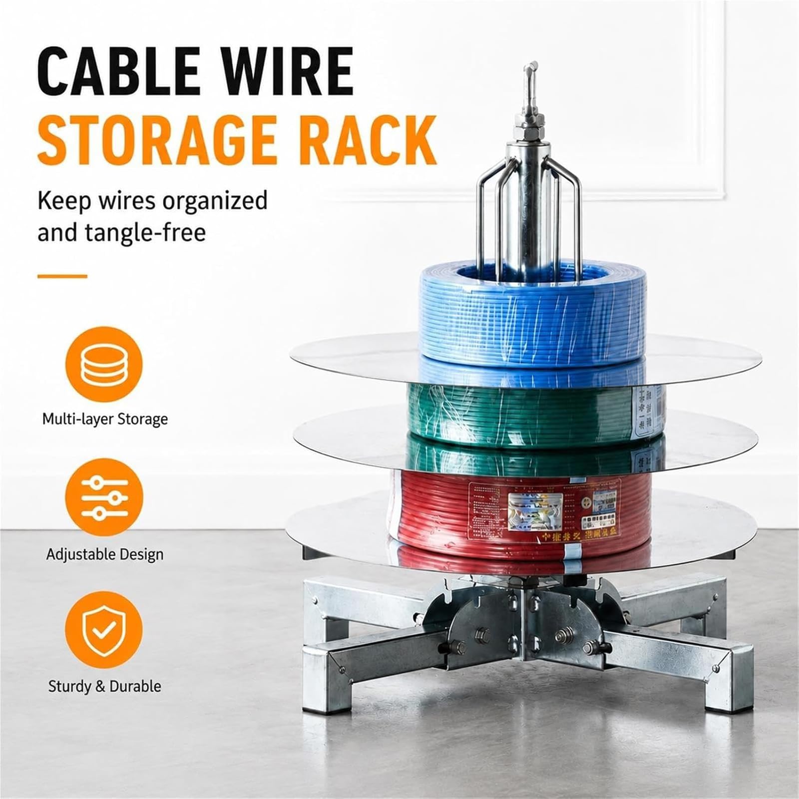 Porta Cavi 10-16², Contenitore Girevole Pieghevole A 1-4 Strati per Bobine di Filo, velocità Regolabile, Supporto per Cavi con Piattaforma Girevole in Metallo, per Uso Industriale C 2