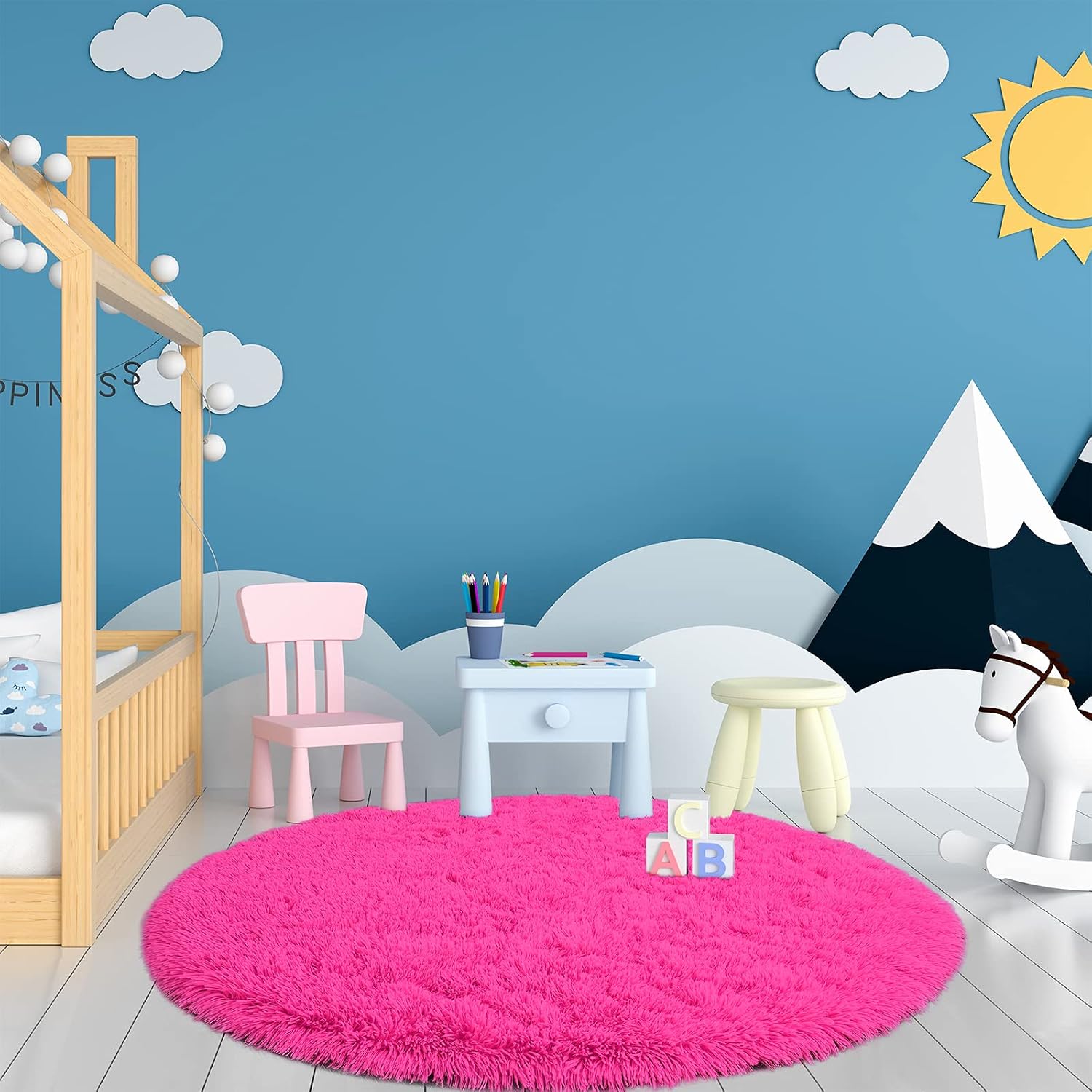 Noahas Soft Round Area Rug for Kids Room Circle Fluffy Rugs for Girls Bedroom, Shaggy Play Mat Circular Carpet for Princess Tent Fuzzy Cute Girls Room Decor, 4 Feet, Hot Pink