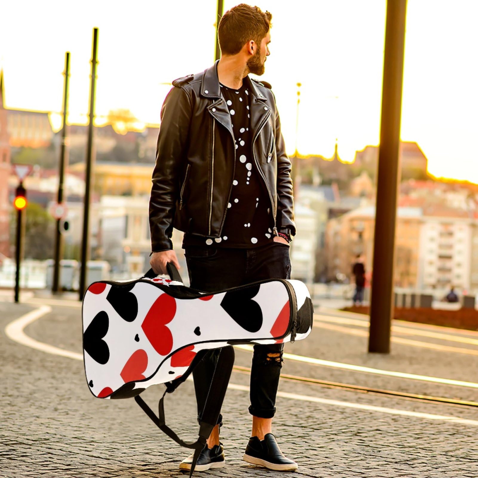 43 Zoll Akustikgitarre Softcase mit Rucksackgurt und 2 Taschen Rot und Schwarz Herzen, Keine Polsterung Rucksack Wasserdicht Oxford Tuch Bassgitarre Gigbag für Konzertgitarre, mehrfarbig,