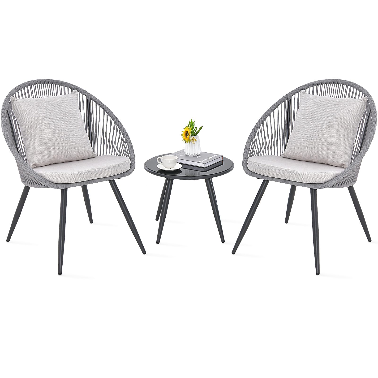 COSTWAY 3 Piece Rattan Furniture Set, String Patio Bistro Set with 2 Chairs and Glass Coffee Table, Outdoor Wicker Dining Set Conversation Table Chairs for Backyard, Porch & Garden