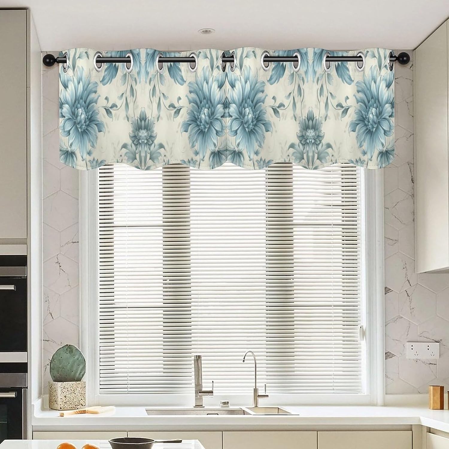 Blue Flower Pattern Valance for Windows, 2 Pack Kitchen Curtains Modern Home Decor, Soft Blackout Window Curtains for Living Room & Bedroom, 18 X 52 Inch