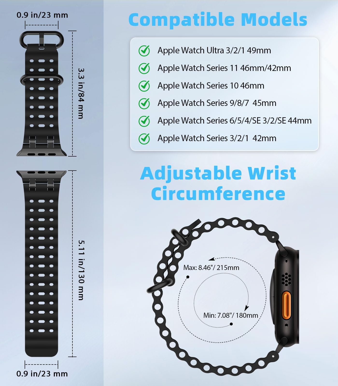MoKo Cinturino Ocean Compatibile con Apple Watch Ultra 3/2/1 49 mm, S11/S10 46 mm, 9/8/7 45 mm, SE3/SE2/SE/6/5/4 44 mm, 3/2/1 42 mm, Cinturino Sportivo in Silicone Traspirante