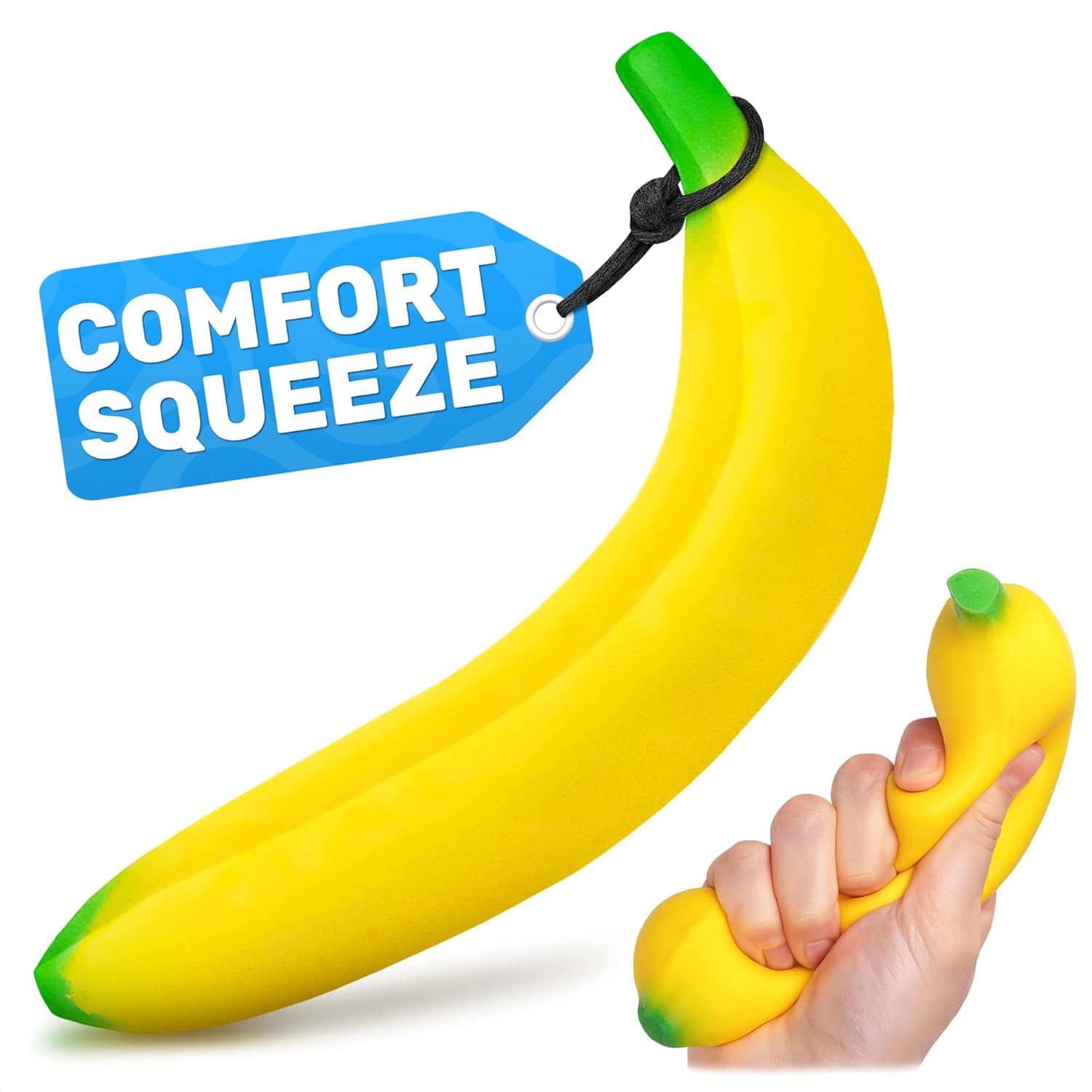 Photo example of Tesorrio Fake Banana Stress Relief Fidget – 6.7 x 1.4 in Soft PU Foam Desk Accessory on Amazon.